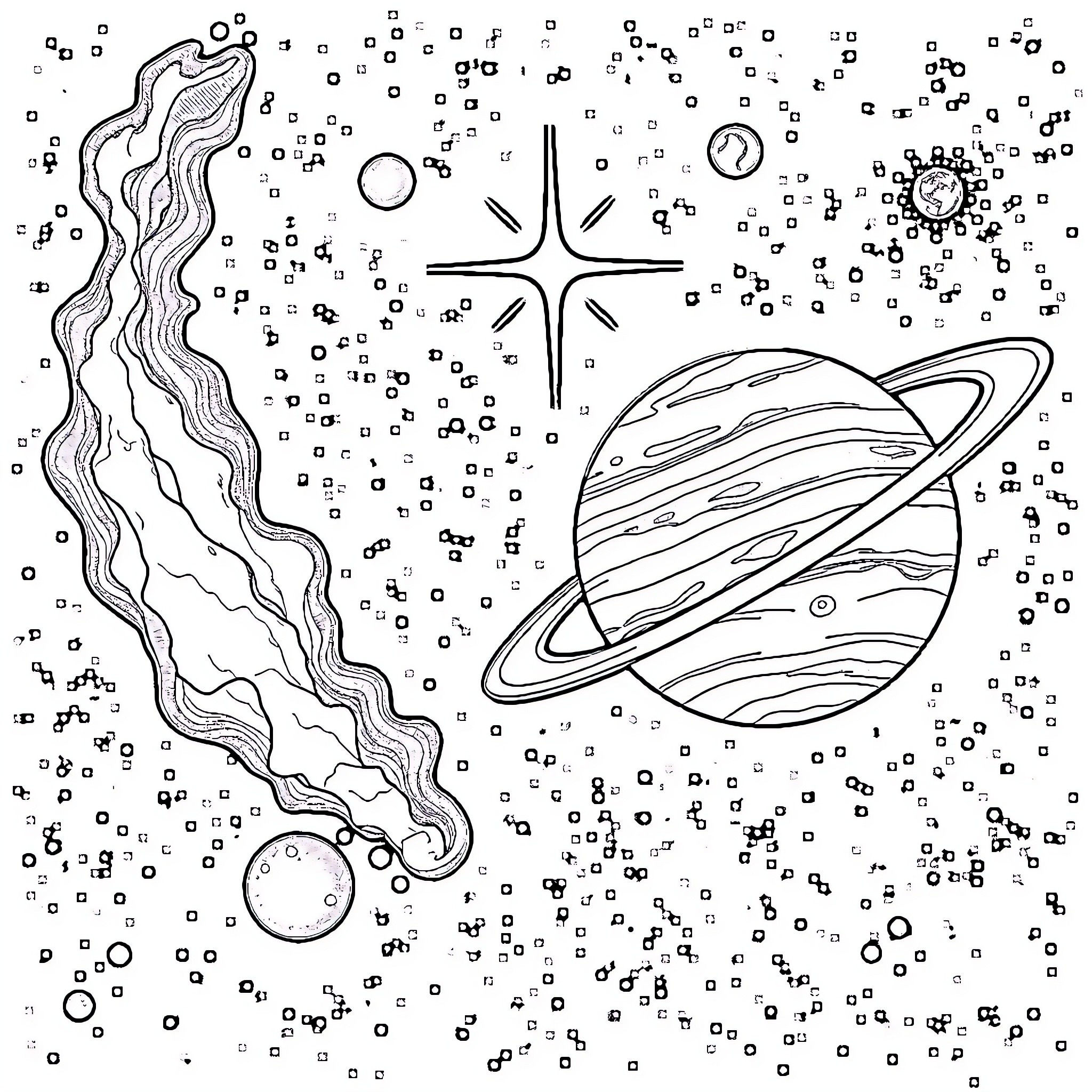 Planet with Comet in Starry Cosmos Coloring Page (free black-and-white line drawing printable PDF for all, from beginners to advanced learners, including children, teens, adults, and seniors)