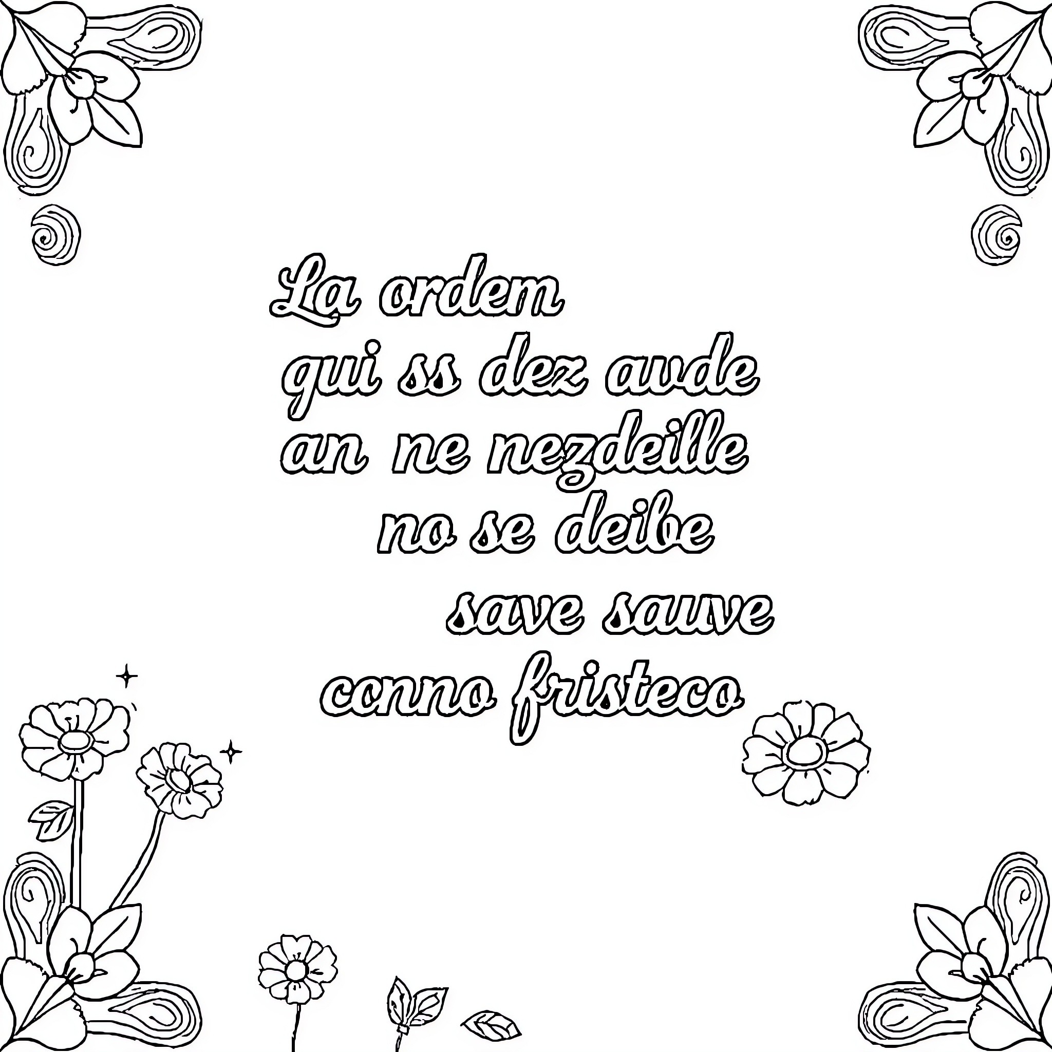 Orden: Text and Floral Motif Coloring Page (free black-and-white line drawing printable PDF for all, from beginners to advanced learners, including children, teens, adults, and seniors)