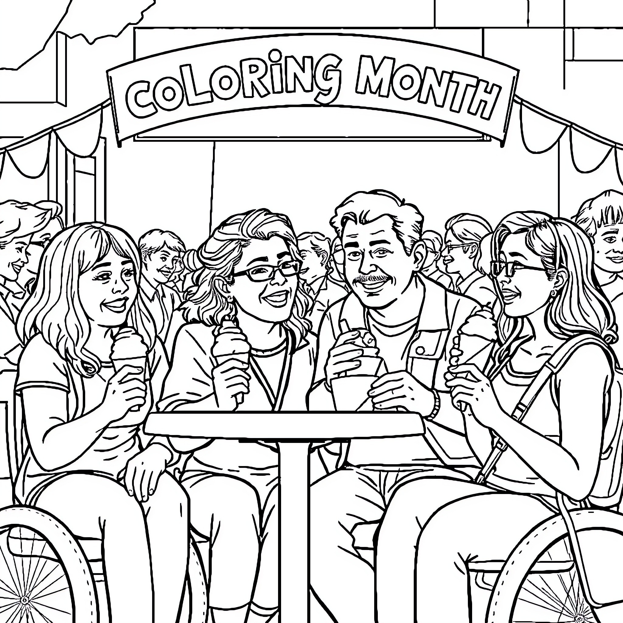 Ice Cream at Coloring Month Festival Coloring Page (free black-and-white line drawing printable PDF for all, from beginners to advanced learners, including children, teens, adults, and seniors)