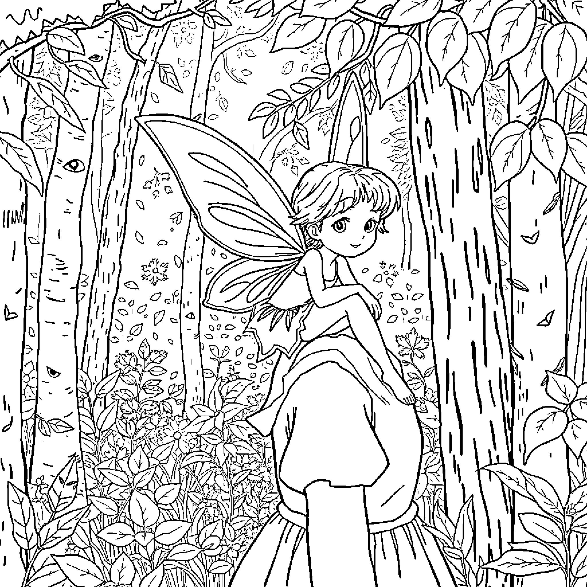 Fairy exploring the enchanted forest Coloring Page (free black-and-white line drawing printable PDF for all, from beginners to advanced learners, including children, teens, adults, and seniors)