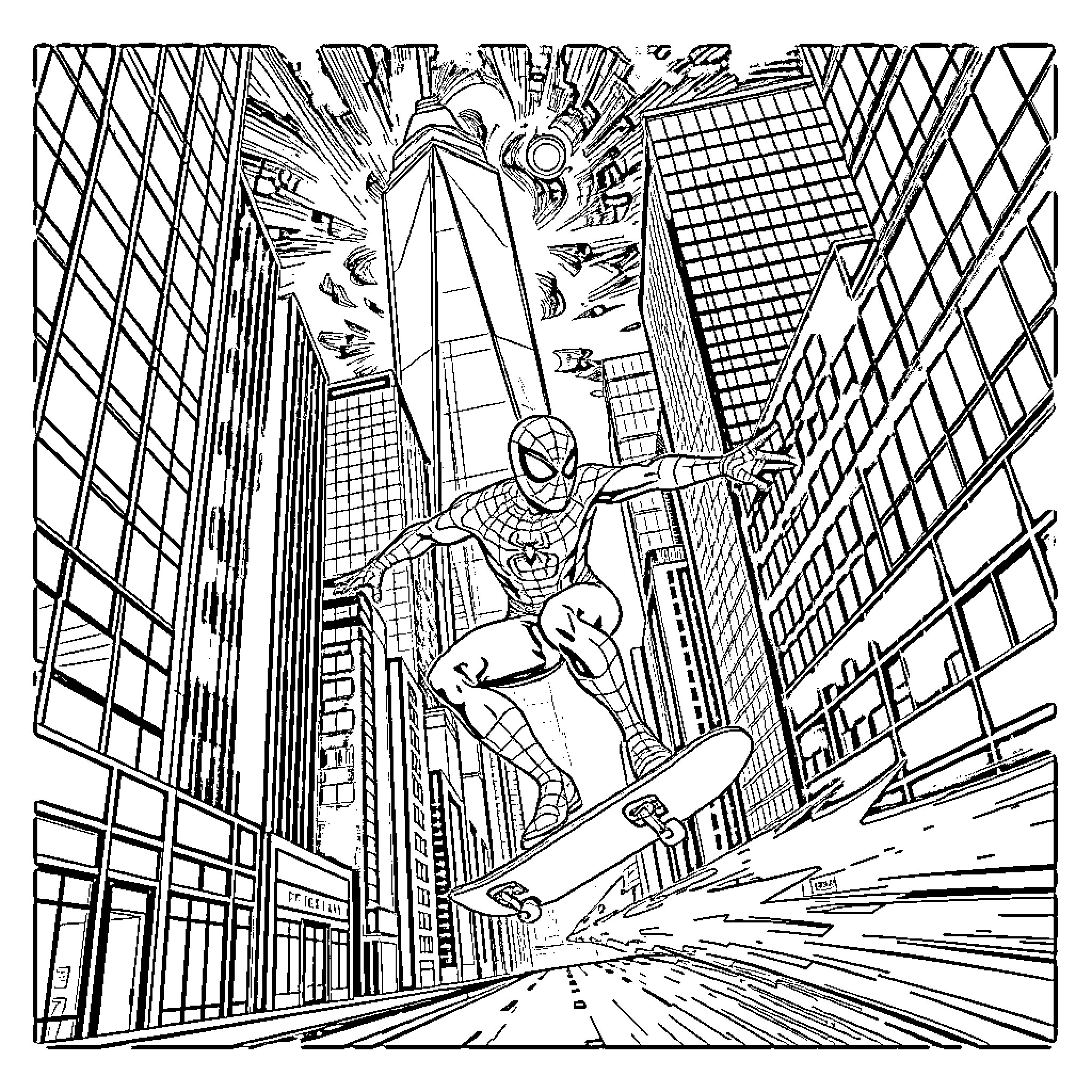 Spiderman swinging through the city streets Coloring Page (free black-and-white line drawing printable PDF for all, from beginners to advanced learners, including children, teens, adults, and seniors)