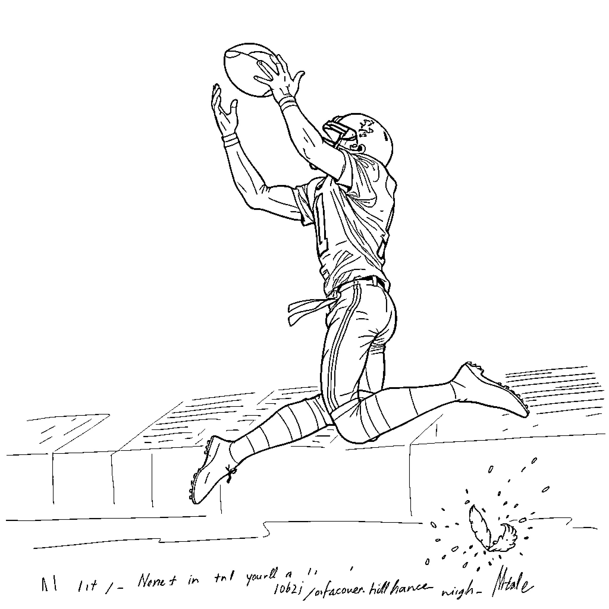 Football Player in Mid-Air Leap Coloring Page (free black-and-white line drawing printable PDF for all, from beginners to advanced learners, including children, teens, adults, and seniors)