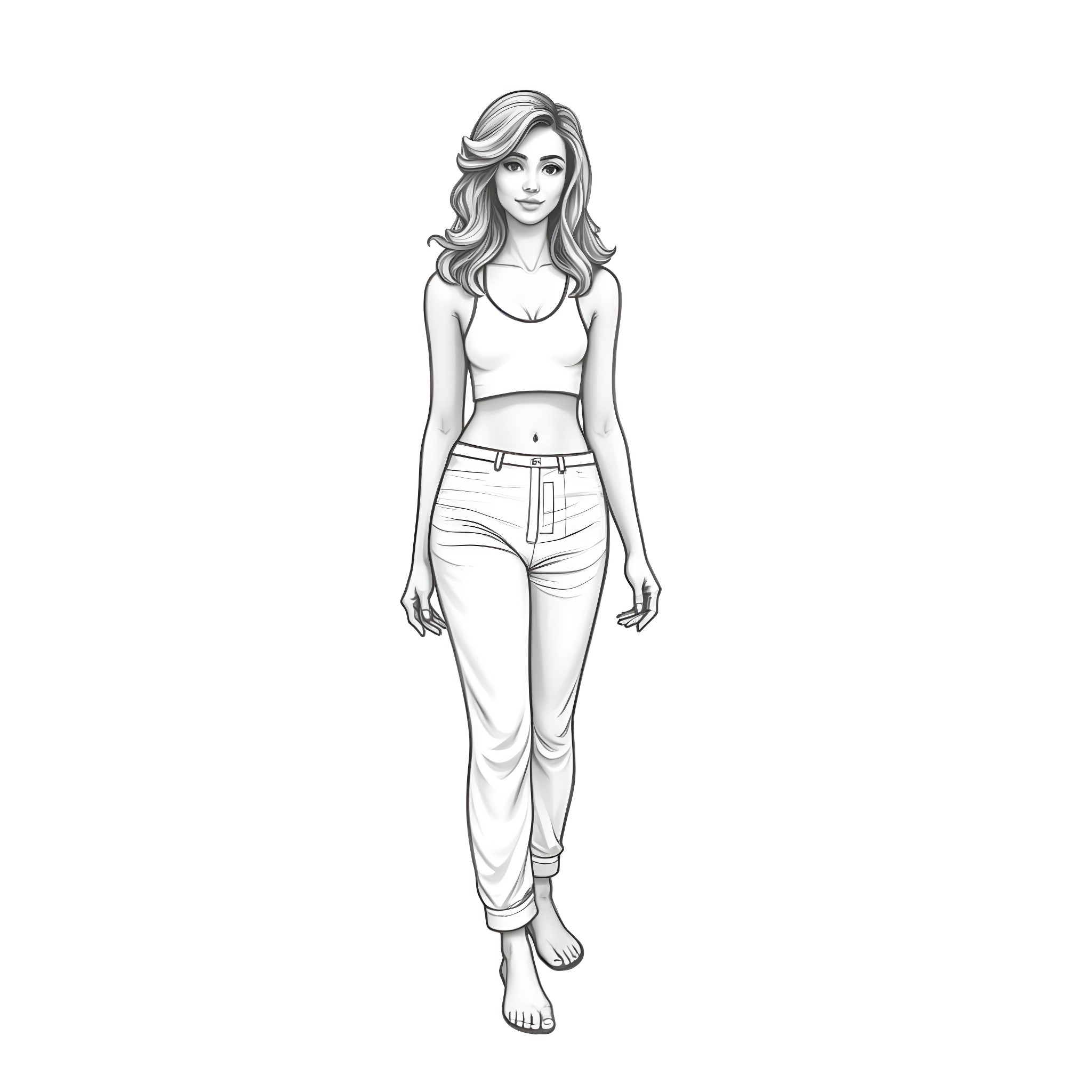 Woman in casual outfit standing confidently Coloring Page (free black-and-white line drawing printable PDF for all, from beginners to advanced learners, including children, teens, adults, and seniors)