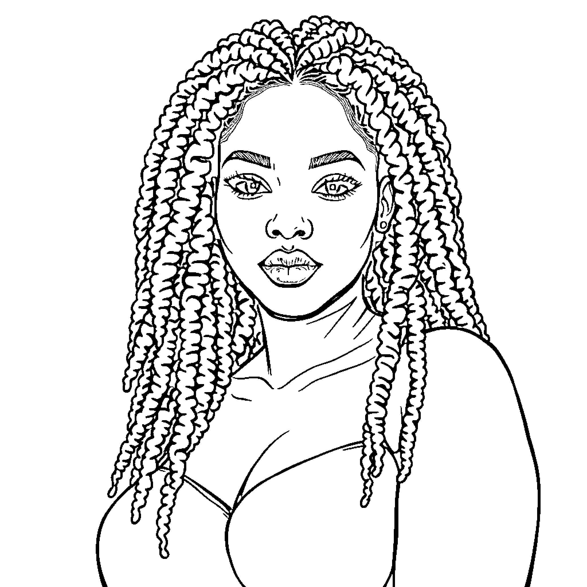 Woman with intricate braided hairstyle Coloring Page (free black-and-white line drawing printable PDF for all, from beginners to advanced learners, including children, teens, adults, and seniors)