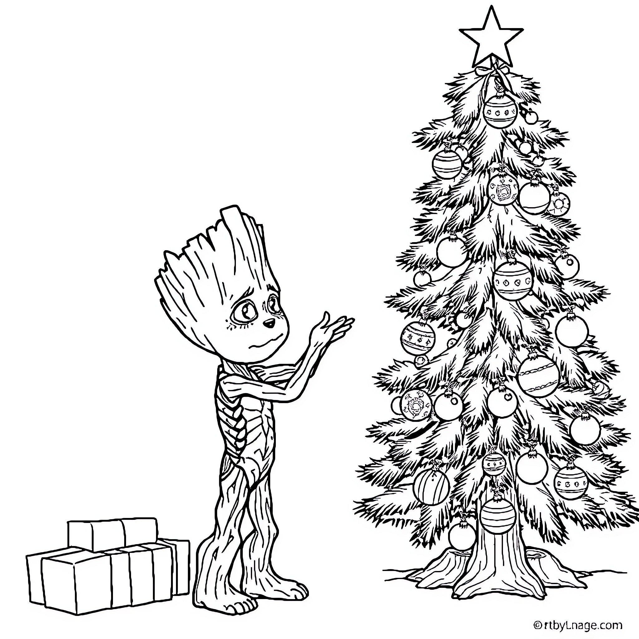 Groot decorating a Christmas tree with presents Coloring Page (free black-and-white line drawing printable PDF for all, from beginners to advanced learners, including children, teens, adults, and seniors)