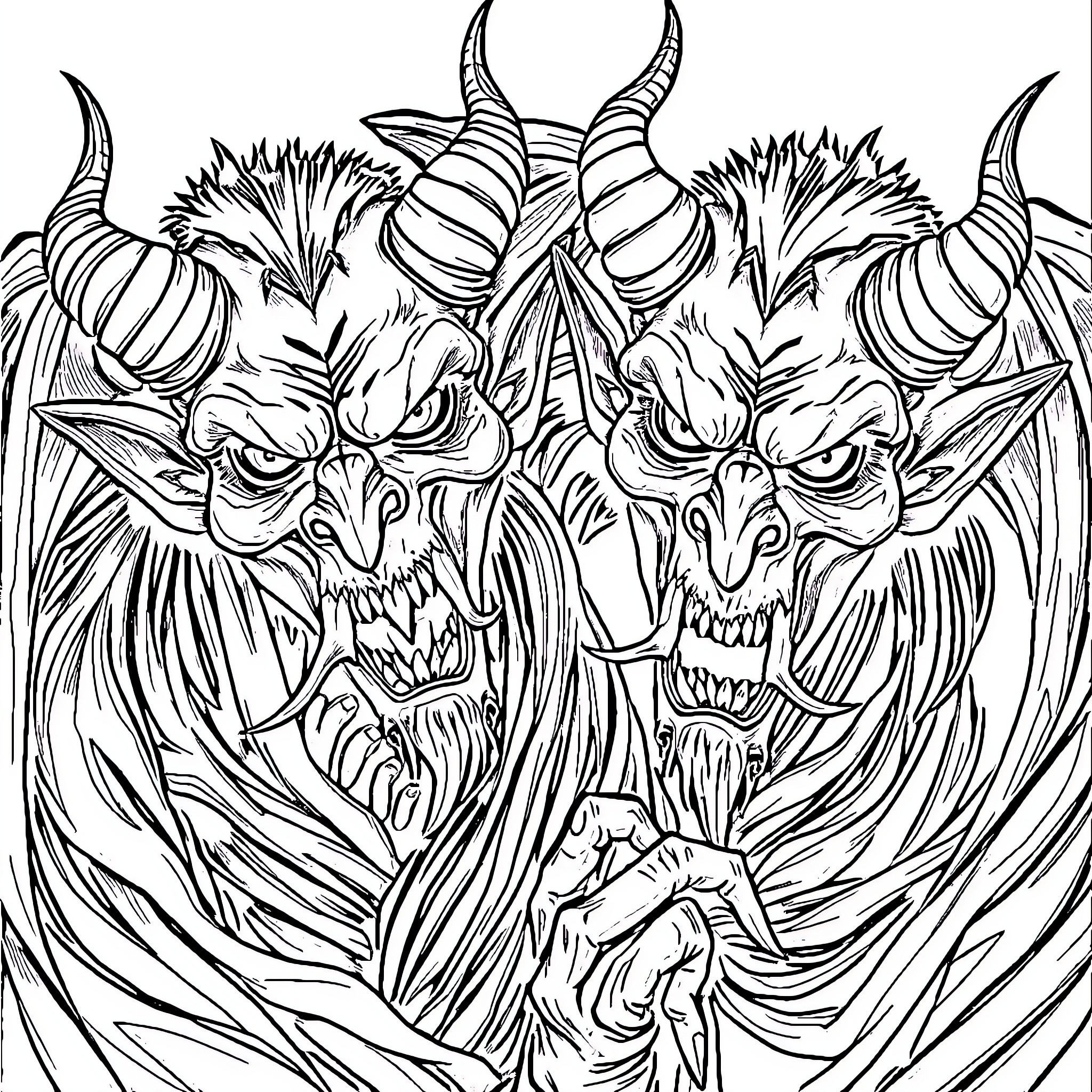 Demon Duo Fiercely Guarding Their Realm Coloring Page (free black-and-white line drawing printable PDF for all, from beginners to advanced learners, including children, teens, adults, and seniors)