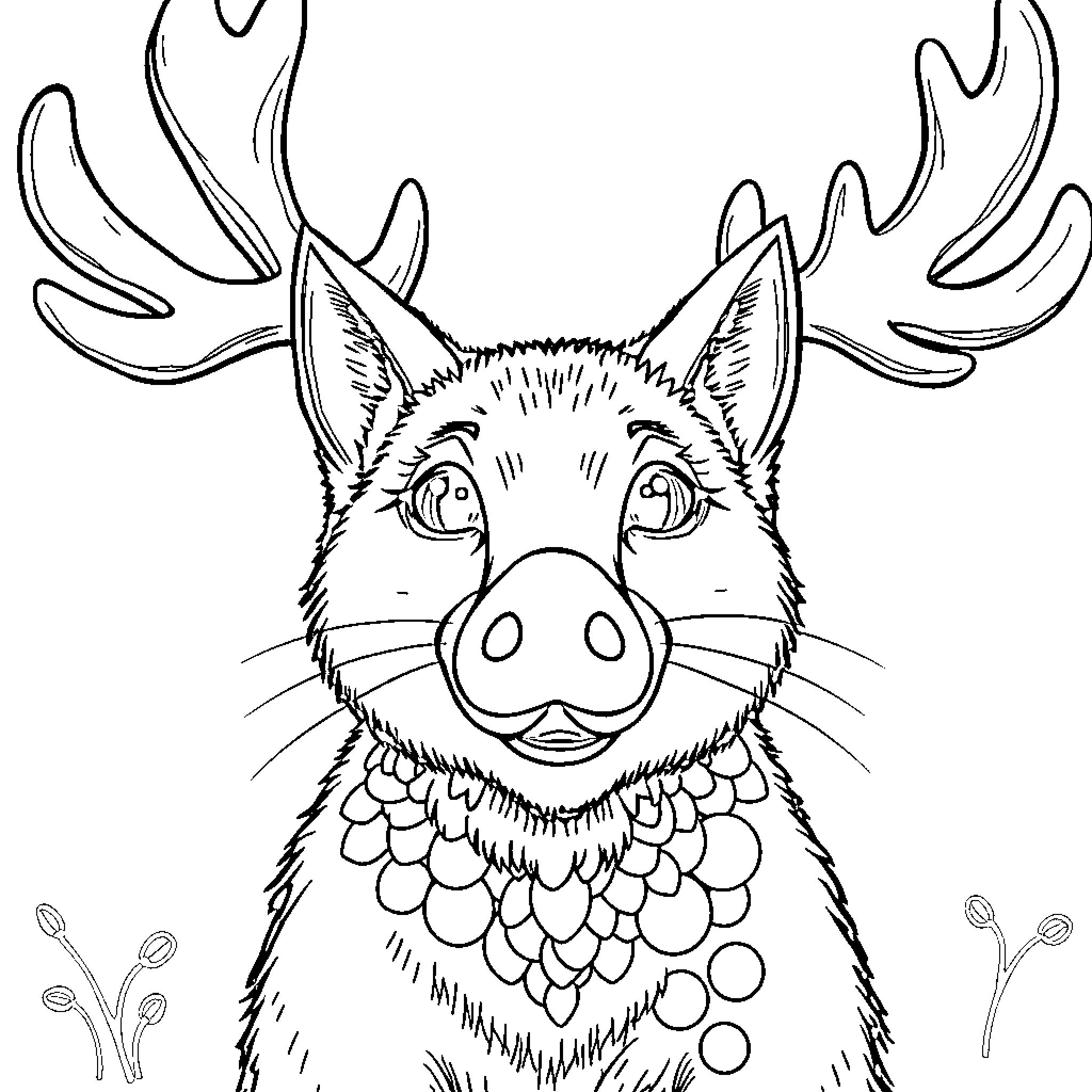 Cat with Antlers in the Wild Coloring Page (free black-and-white line drawing printable PDF for all, from beginners to advanced learners, including children, teens, adults, and seniors)