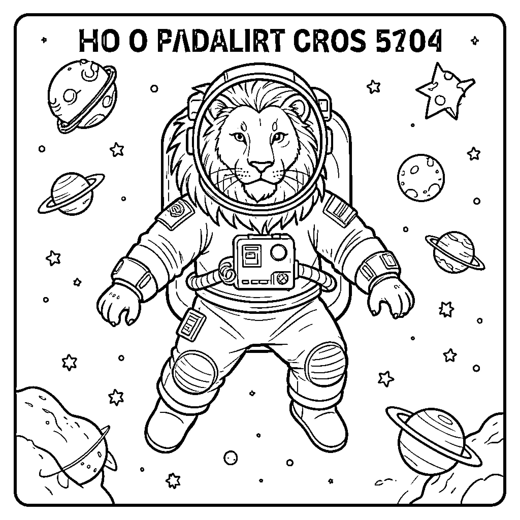 Lion astronaut floating through a space scene Coloring Page (free black-and-white line drawing printable PDF for all, from beginners to advanced learners, including children, teens, adults, and seniors)