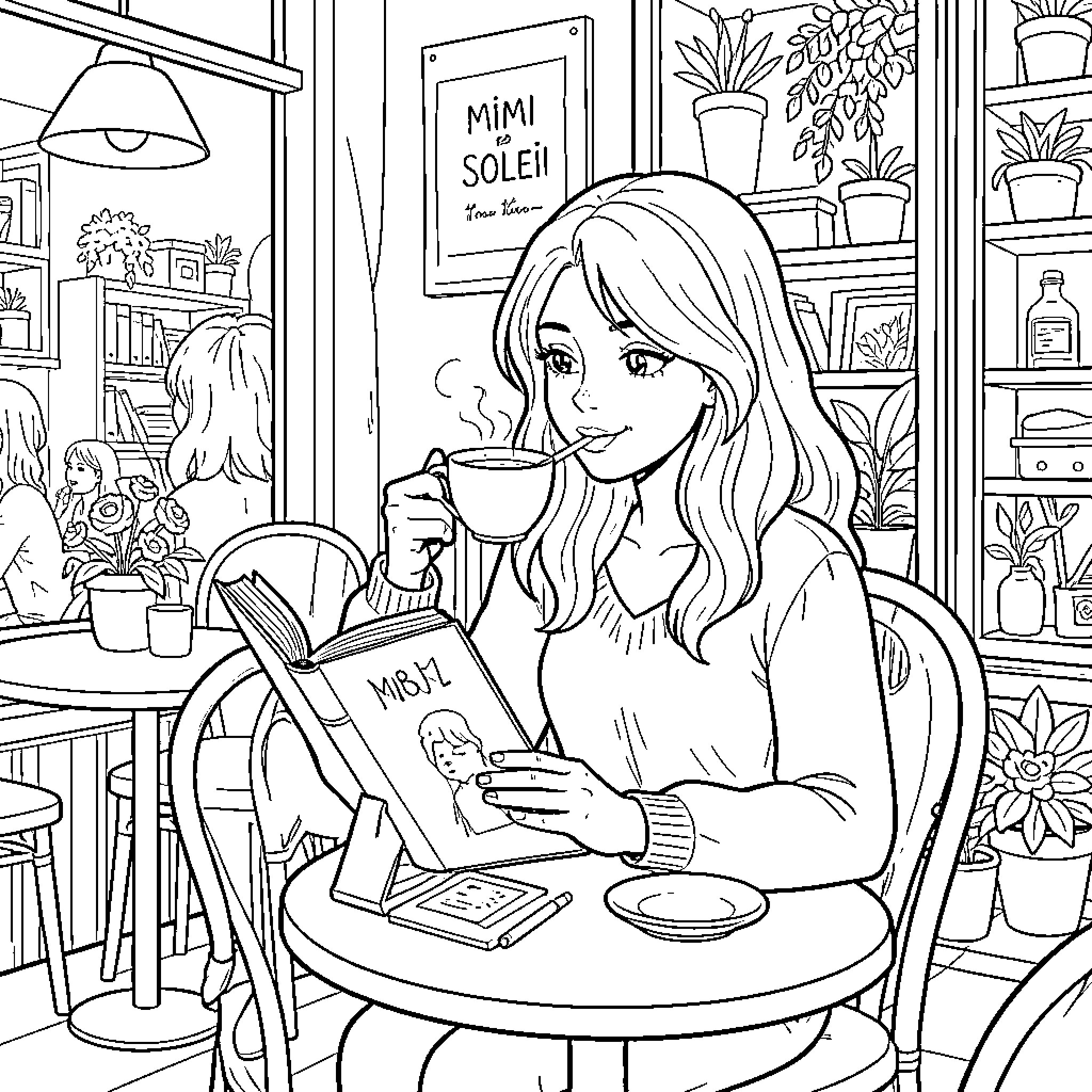 Mimi Soleil sipping hot tea while reading a book Coloring Page (free black-and-white line drawing printable PDF for all, from beginners to advanced learners, including children, teens, adults, and seniors)