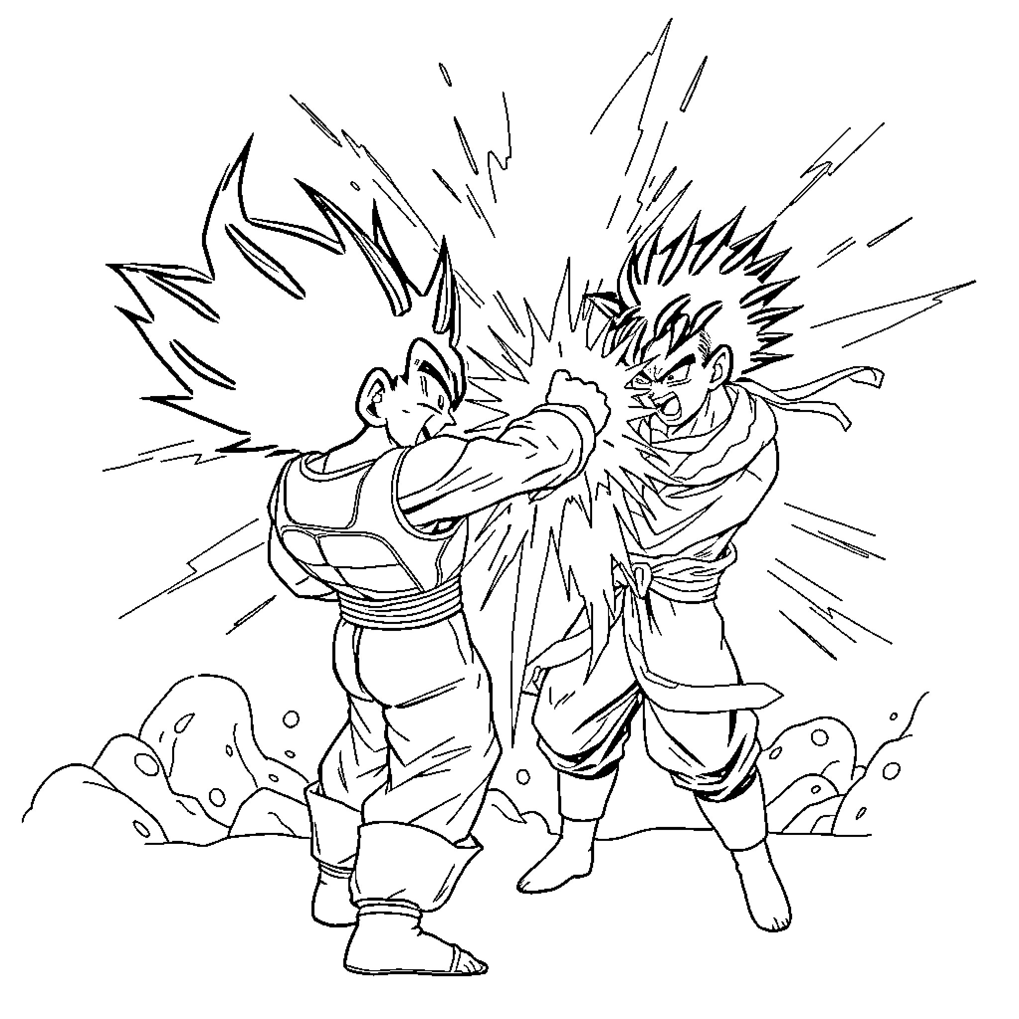 Vegeta and Goku's intense battle Coloring Page (free black-and-white line drawing printable PDF for all, from beginners to advanced learners, including children, teens, adults, and seniors)