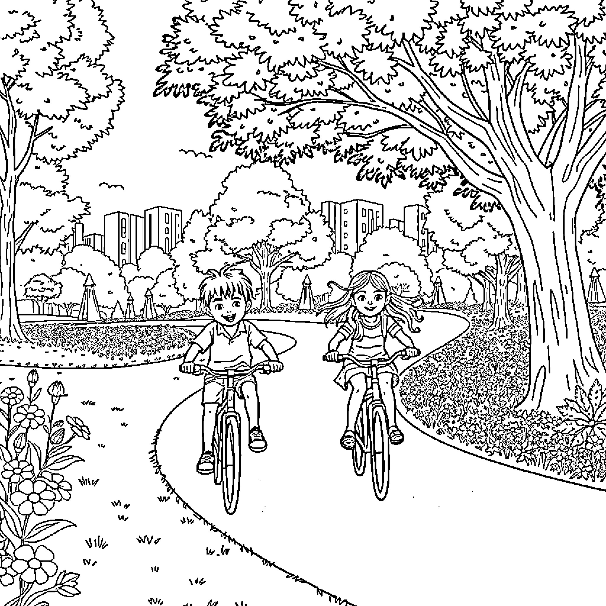 Children Biking in the Park Coloring Page (free black-and-white line drawing printable PDF for all, from beginners to advanced learners, including children, teens, adults, and seniors)