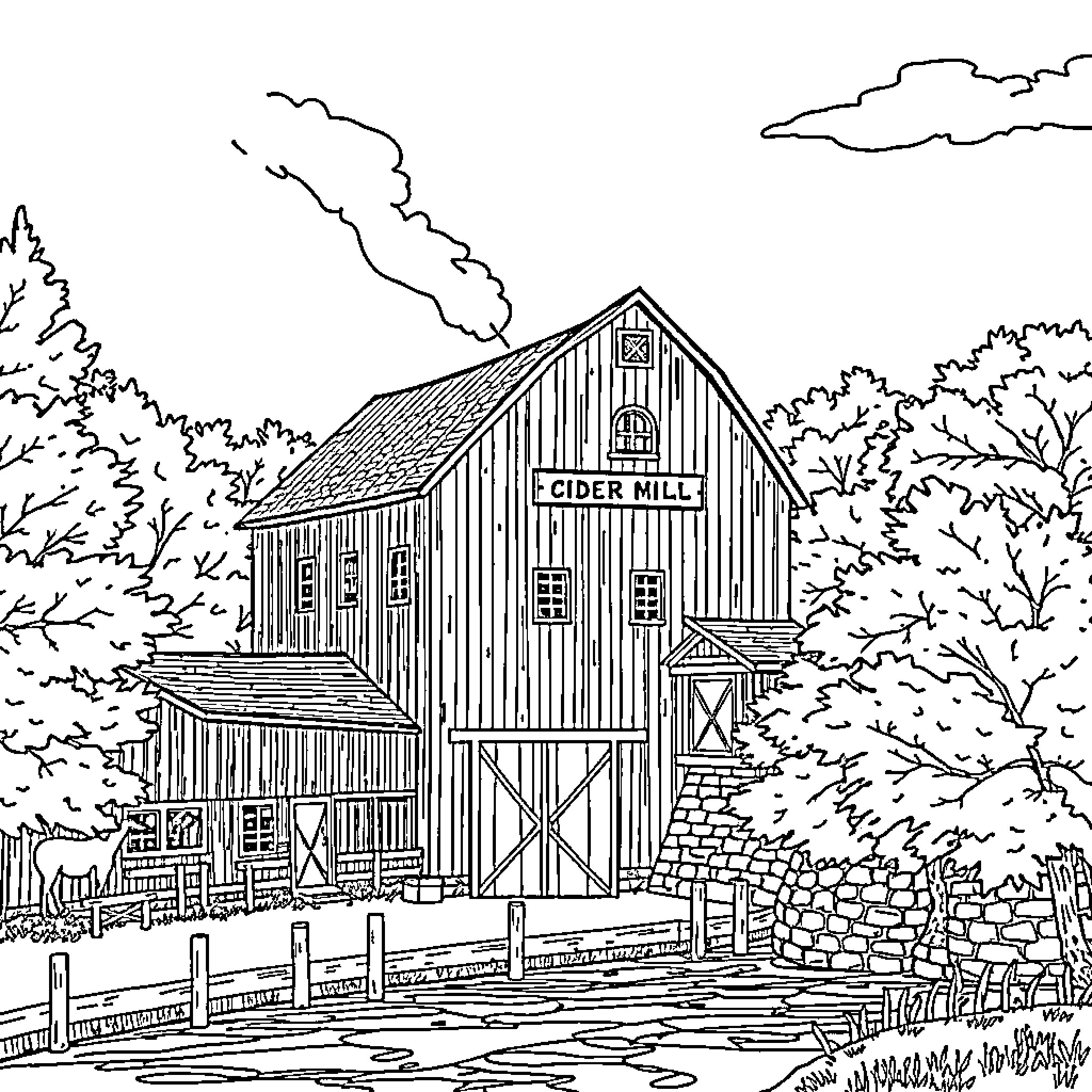 Cider Mill in Autumn Countryside Landscape Coloring Page (free black-and-white line drawing printable PDF for all, from beginners to advanced learners, including children, teens, adults, and seniors)