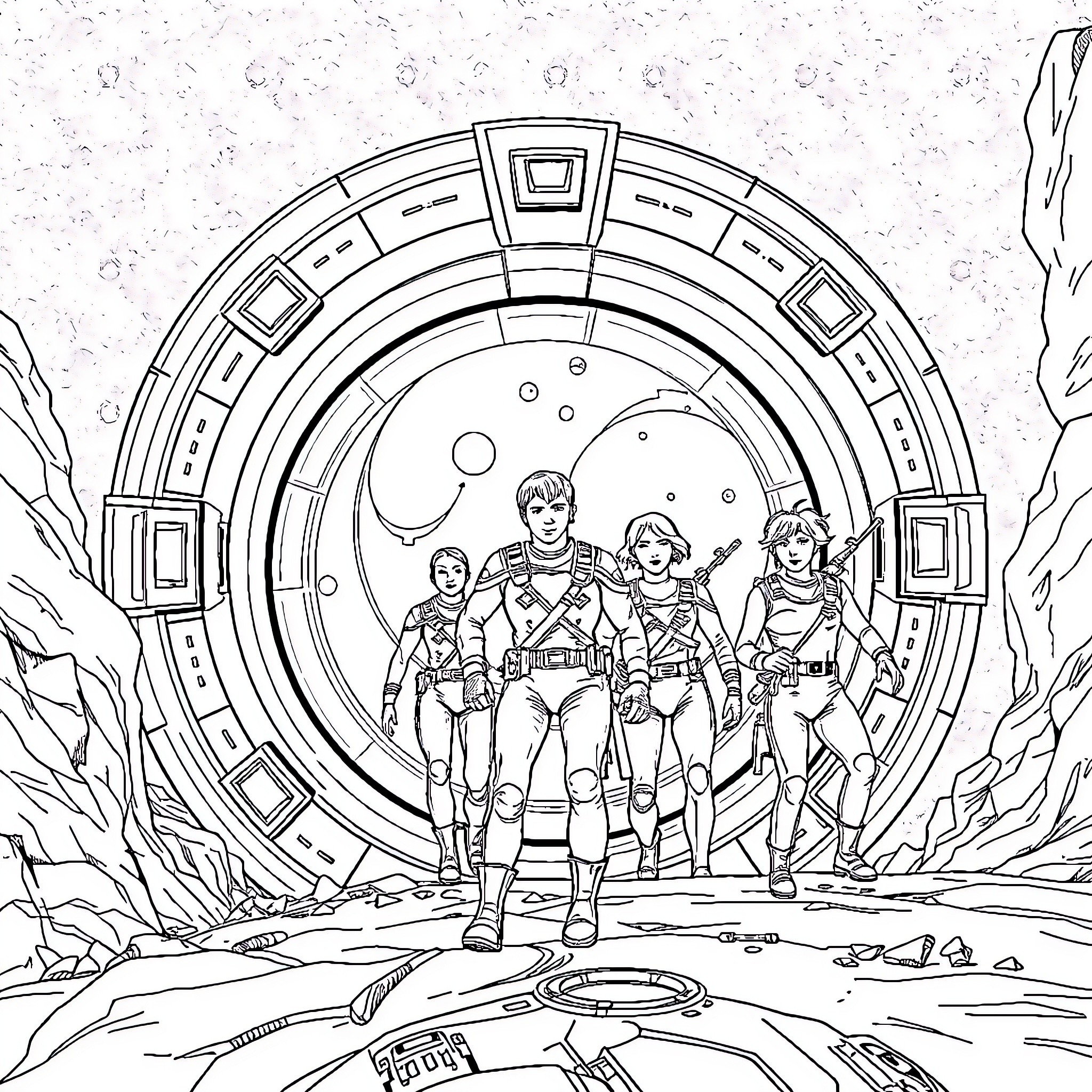 Stargate: Adventurous team exploring alien portal Coloring Page (free black-and-white line drawing printable PDF for all, from beginners to advanced learners, including children, teens, adults, and seniors)