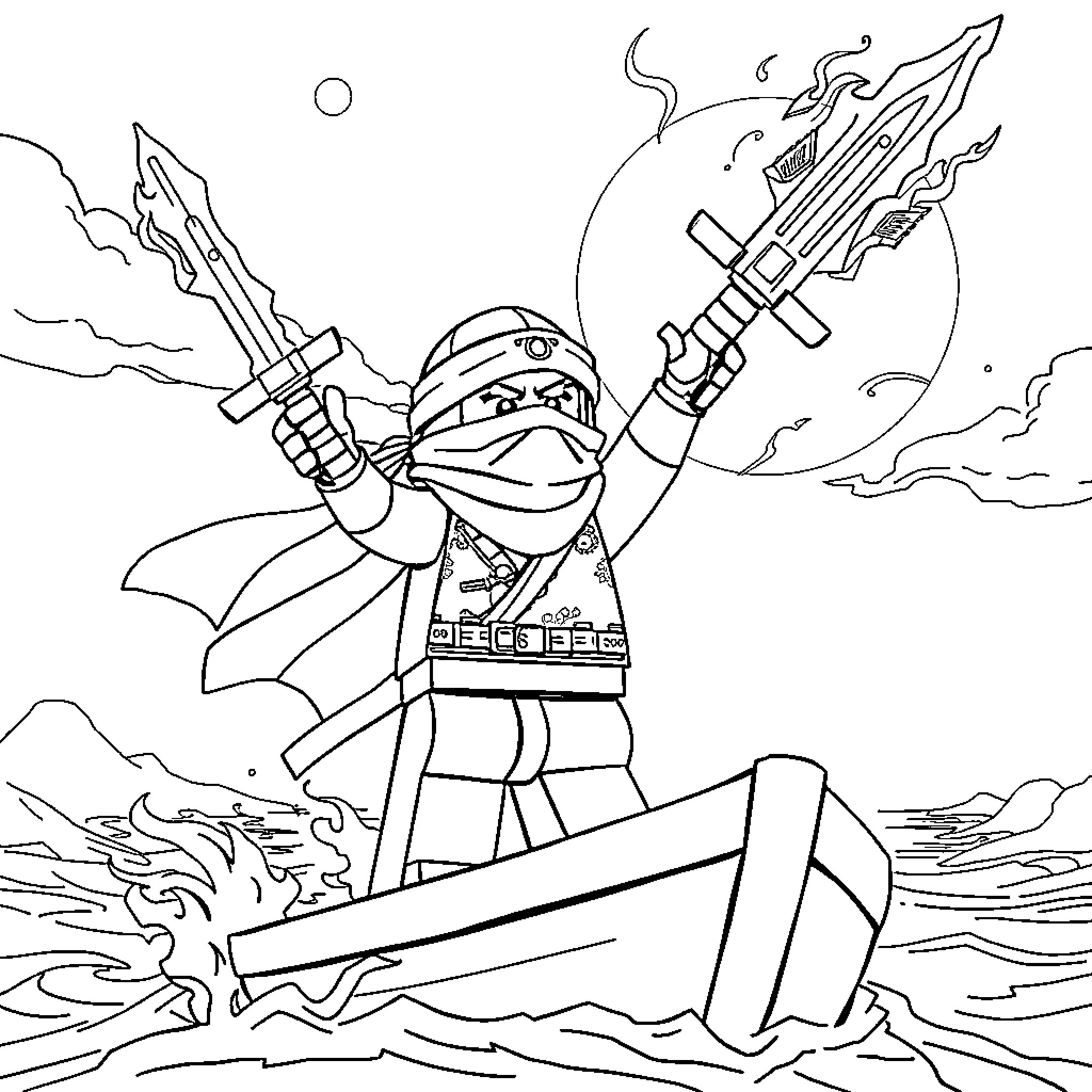 Kyle the Ninja Warrior Battles on the High Seas Coloring Page (free black-and-white line drawing printable PDF for all, from beginners to advanced learners, including children, teens, adults, and seniors)