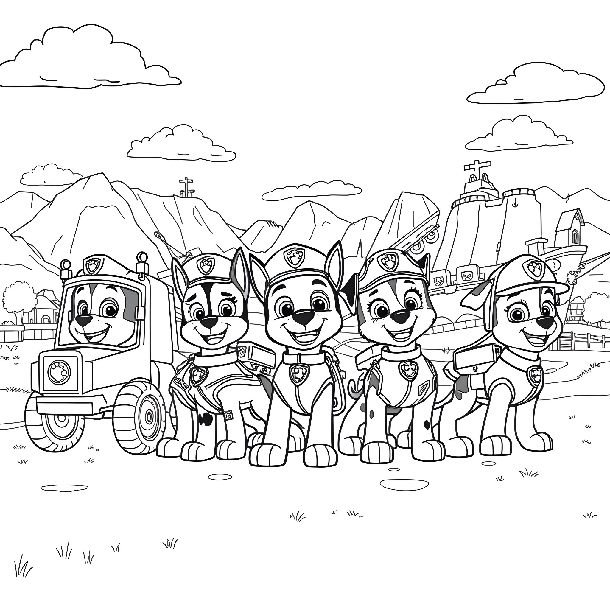 Paw Patrol Patrol Gear and Adventure Landscape Coloring Page (free black-and-white line drawing printable PDF for all, from beginners to advanced learners, including children, teens, adults, and seniors)