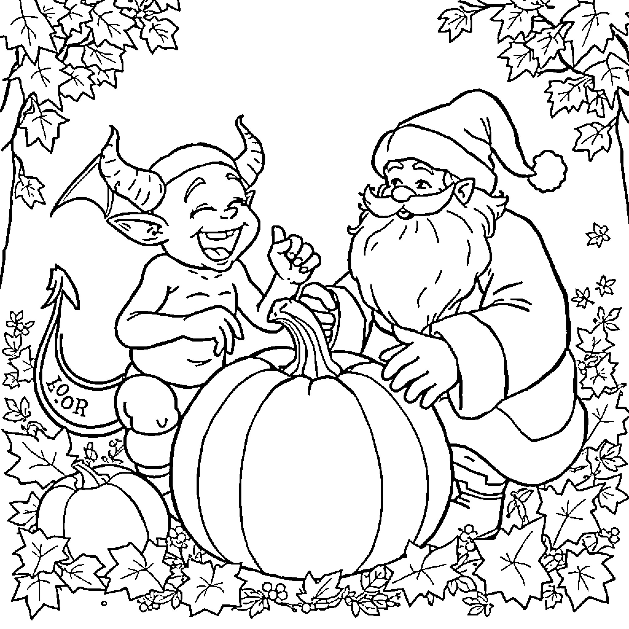Santa and Devil Sharing Pumpkin in Autumn Setting Coloring Page (free black-and-white line drawing printable PDF for all, from beginners to advanced learners, including children, teens, adults, and seniors)