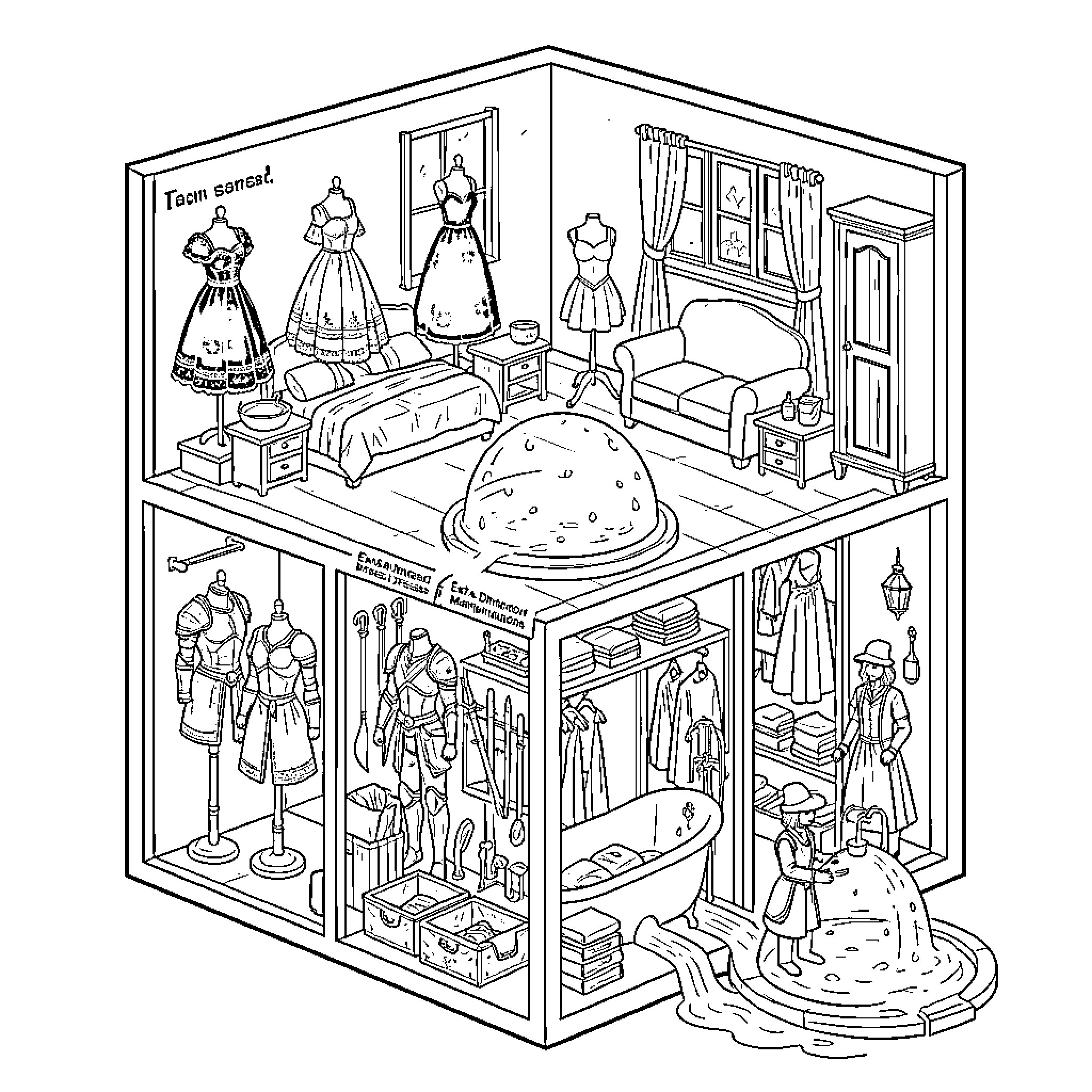 Cube showing a dressing room and living space Coloring Page (free black-and-white line drawing printable PDF for all, from beginners to advanced learners, including children, teens, adults, and seniors)