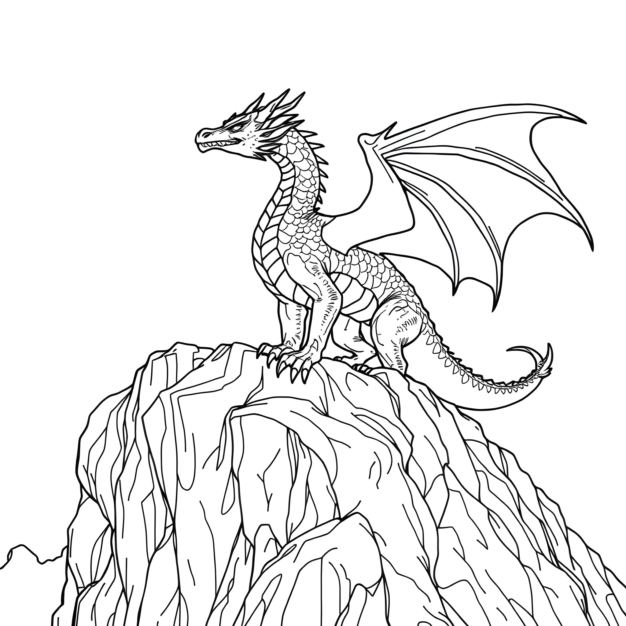 Dragon perched atop a majestic cliff Coloring Page (free black-and-white line drawing printable PDF for all, from beginners to advanced learners, including children, teens, adults, and seniors)