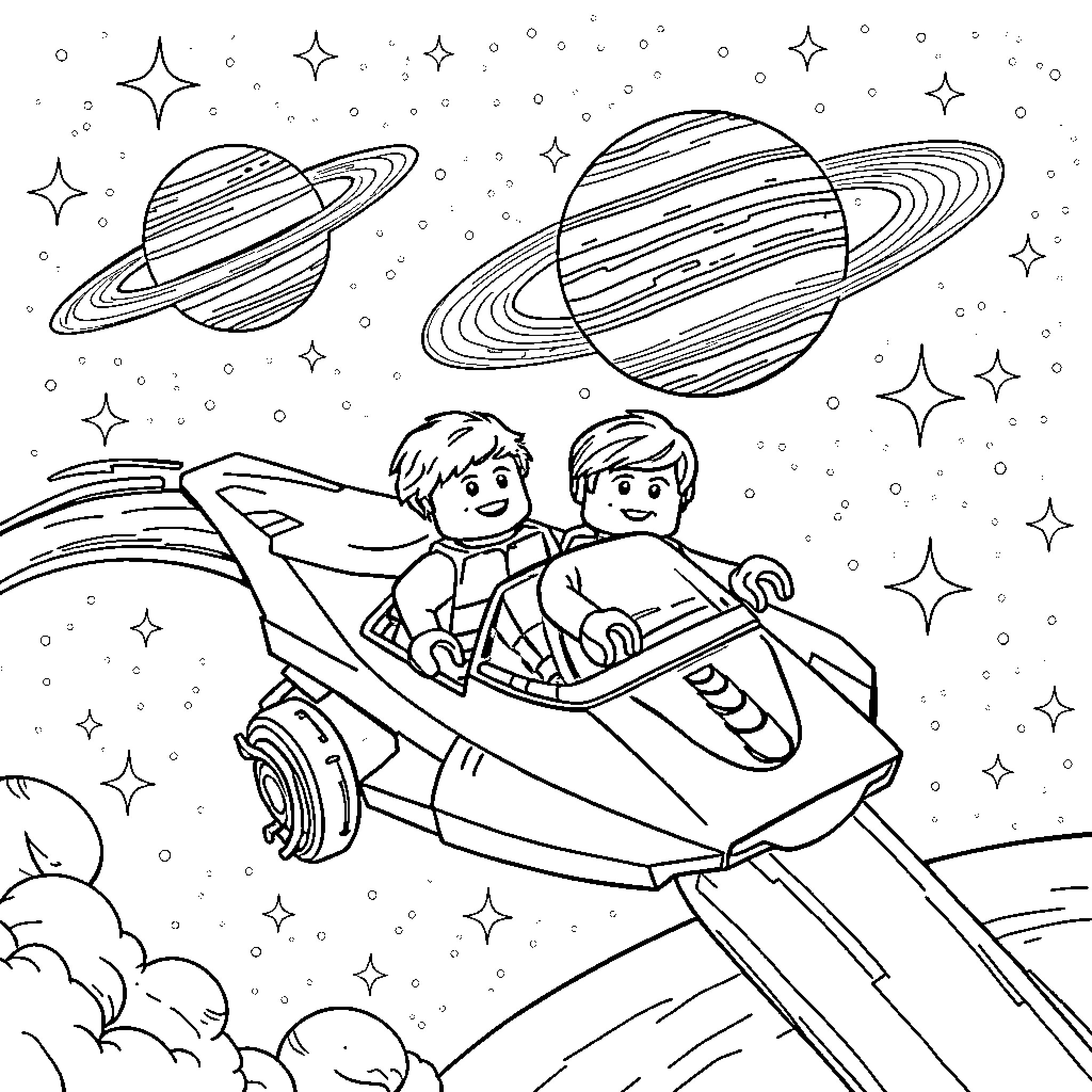 Lego Man piloting spaceship through galaxy Coloring Page (free black-and-white line drawing printable PDF for all, from beginners to advanced learners, including children, teens, adults, and seniors)