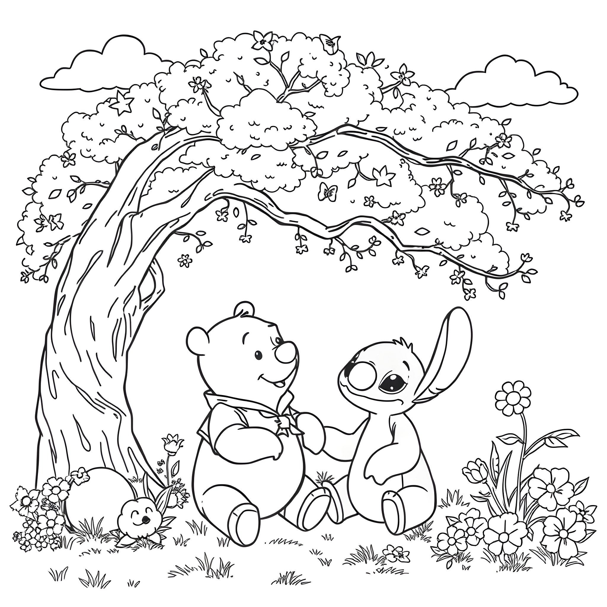 Winnie The Pooh and Stitch exploring the enchanted forest Coloring Page (free black-and-white line drawing printable PDF for all, from beginners to advanced learners, including children, teens, adults, and seniors)