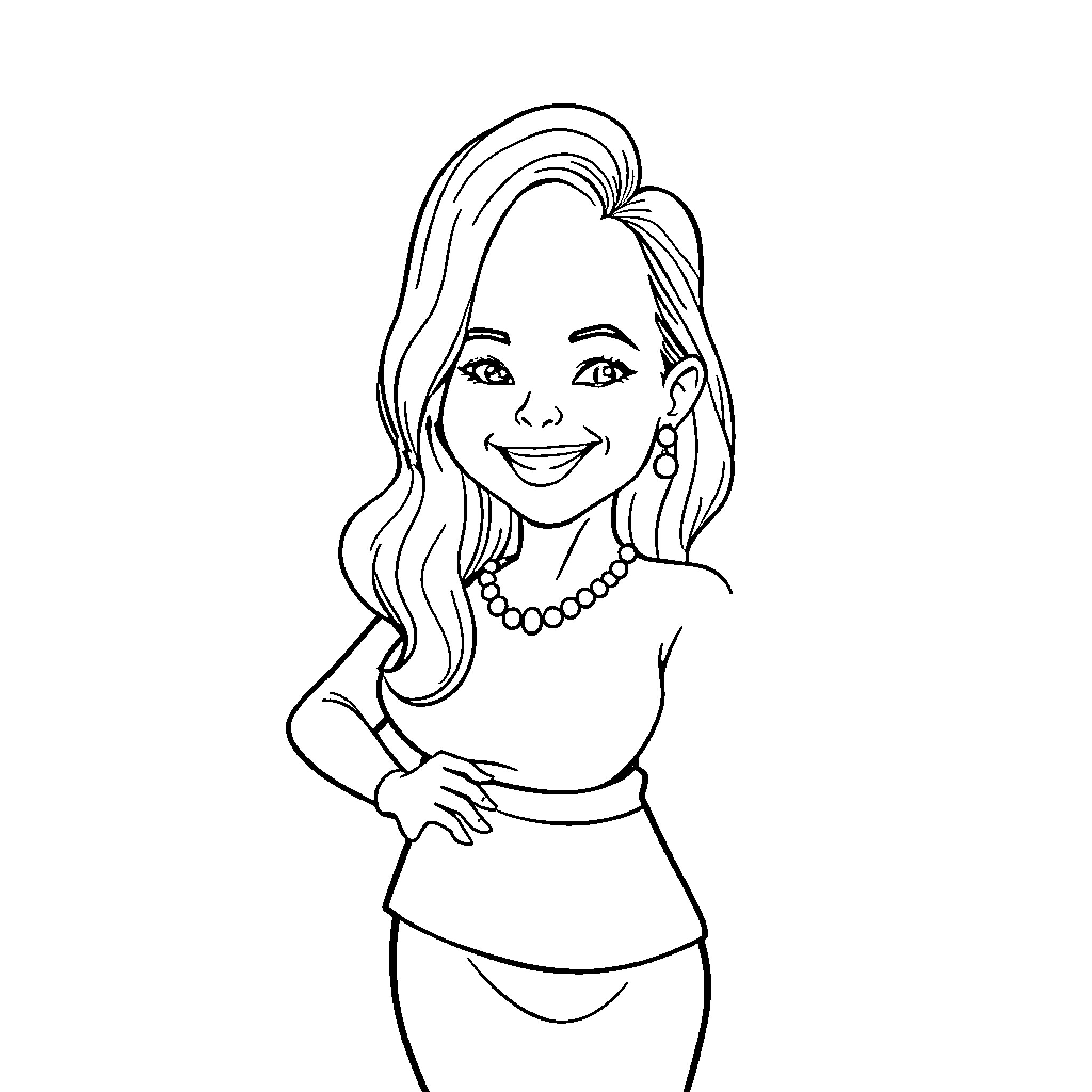 Mari Domingi in Stylish Attire and Cheerful Pose Coloring Page (free black-and-white line drawing printable PDF for all, from beginners to advanced learners, including children, teens, adults, and seniors)