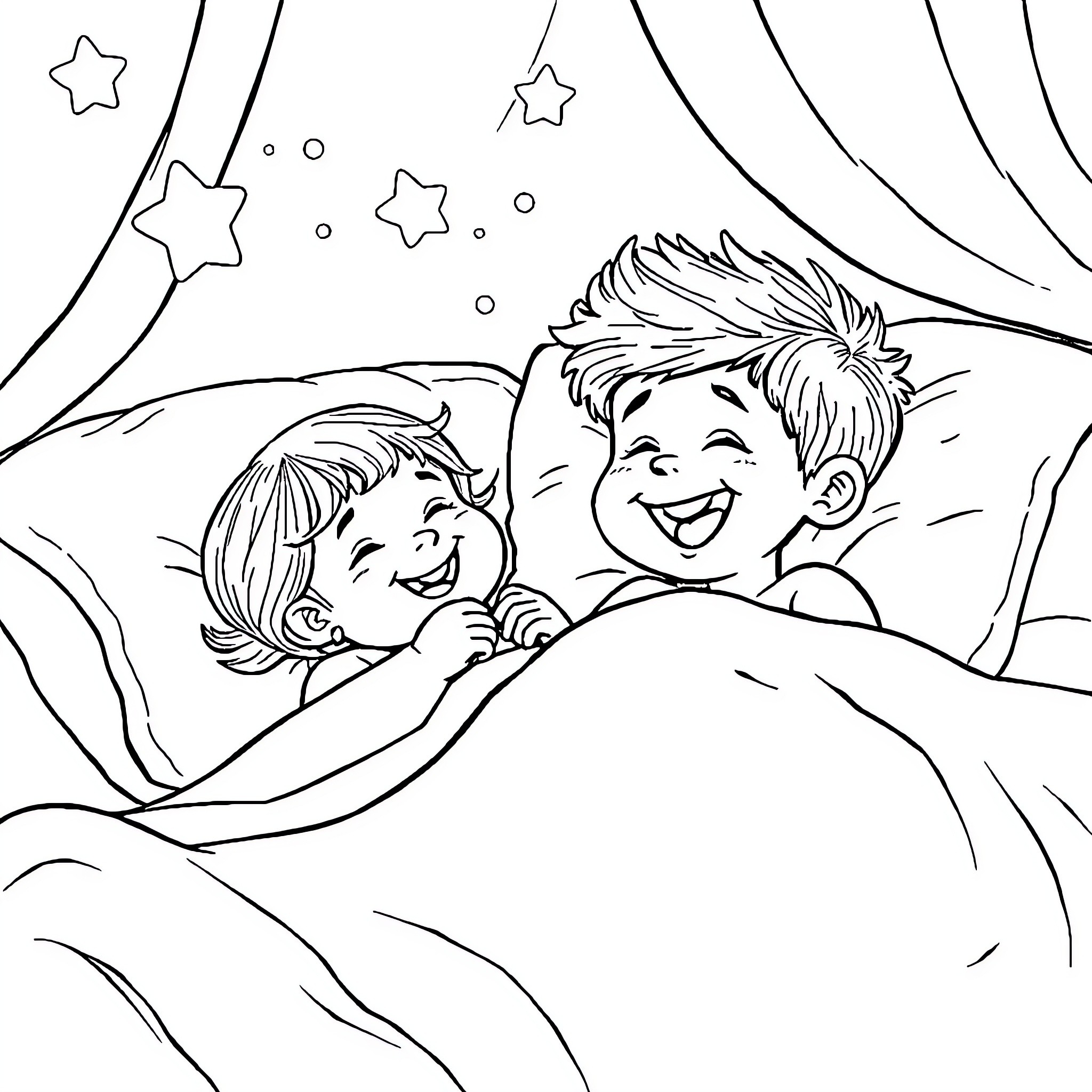 Girl and boy having fun in bed at night Coloring Page (free black-and-white line drawing printable PDF for all, from beginners to advanced learners, including children, teens, adults, and seniors)