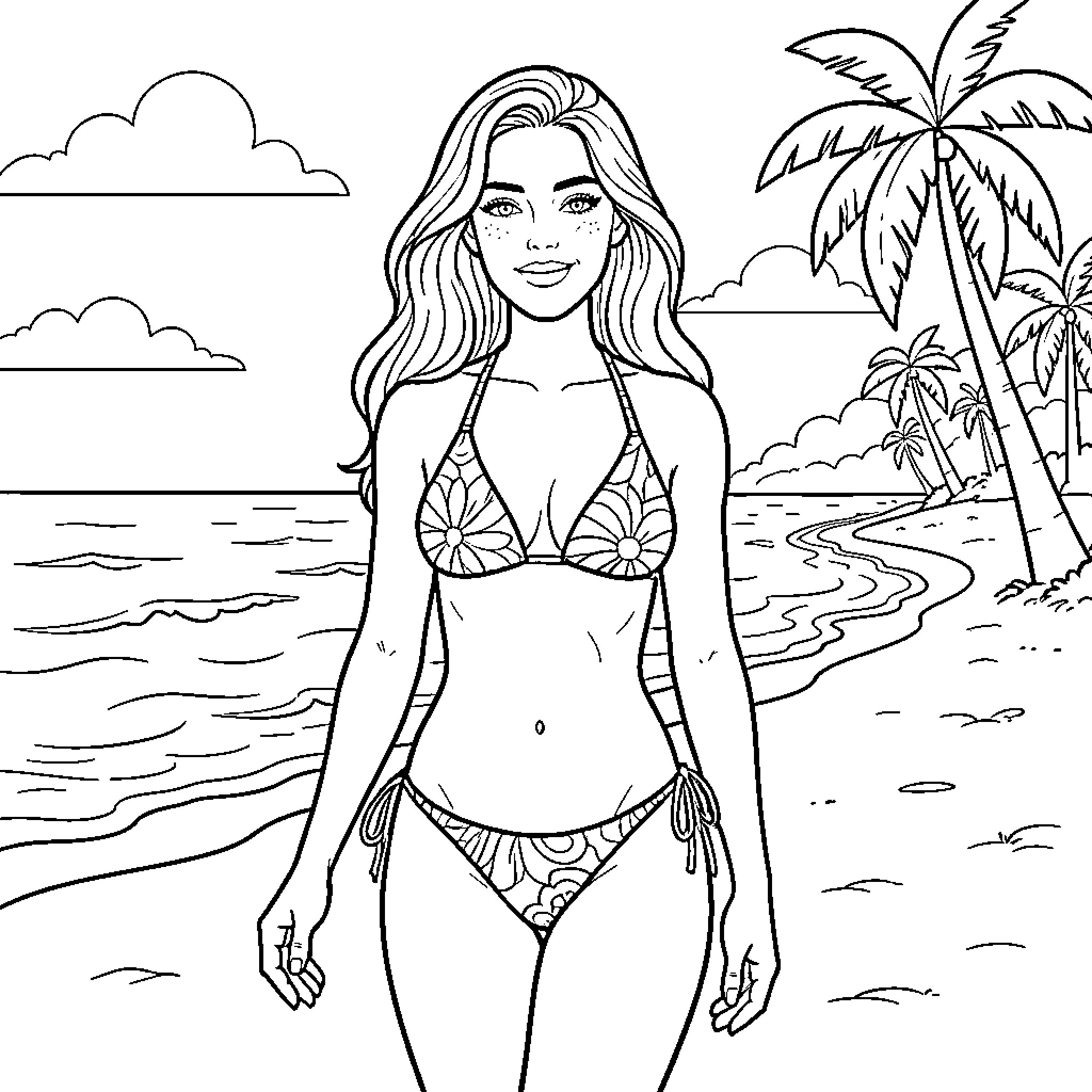 Sydney Sweeney enjoying a day at the beach Coloring Page (free black-and-white line drawing printable PDF for all, from beginners to advanced learners, including children, teens, adults, and seniors)