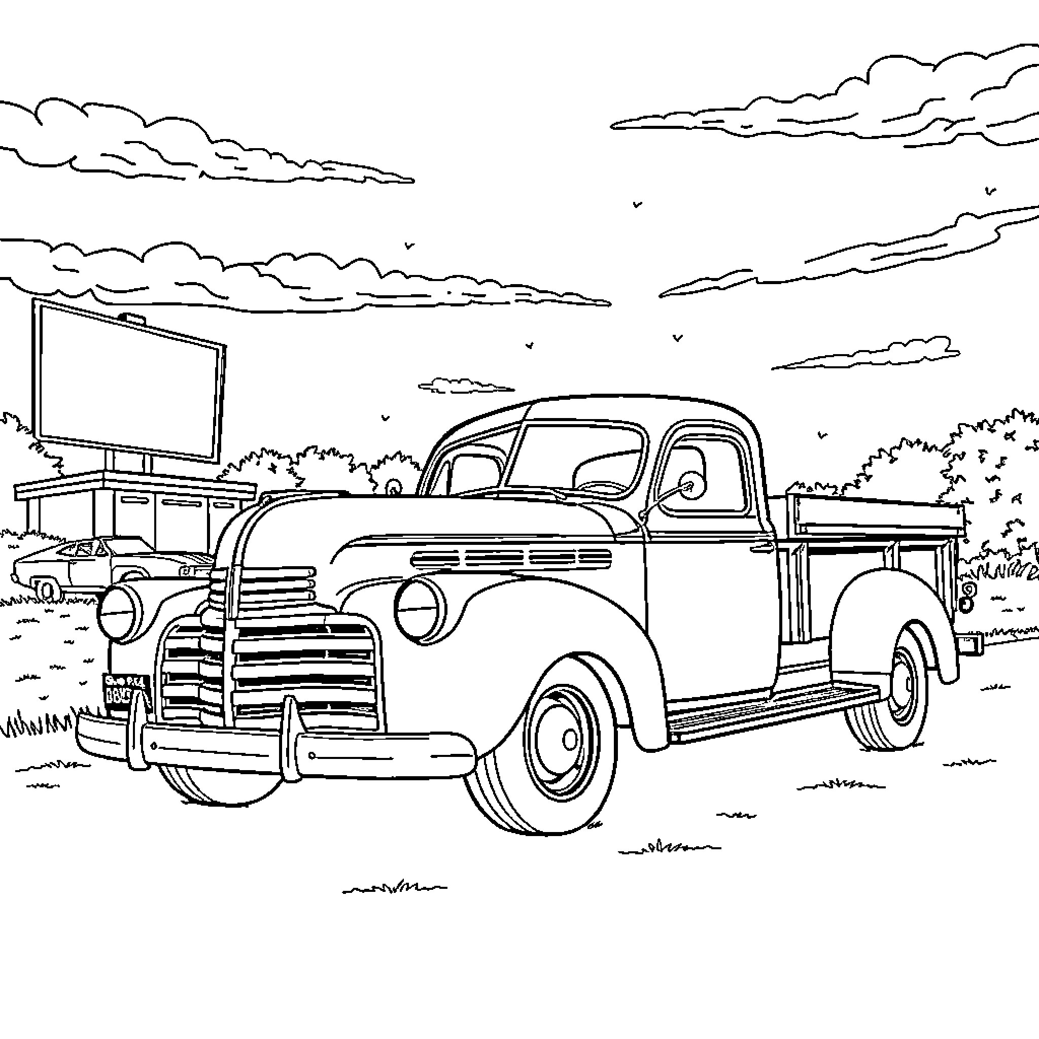 Chevy truck parked near outdoor billboard Coloring Page (free black-and-white line drawing printable PDF for all, from beginners to advanced learners, including children, teens, adults, and seniors)