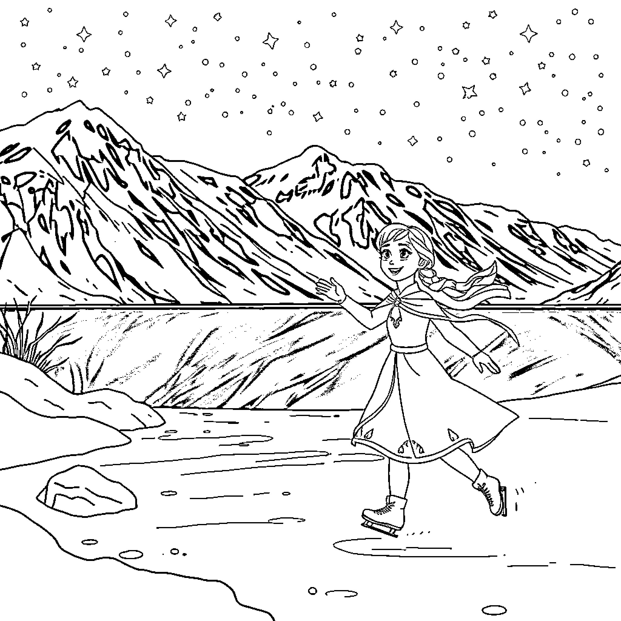Anna's Winter Wonderland Adventure Coloring Page (free black-and-white line drawing printable PDF for all, from beginners to advanced learners, including children, teens, adults, and seniors)