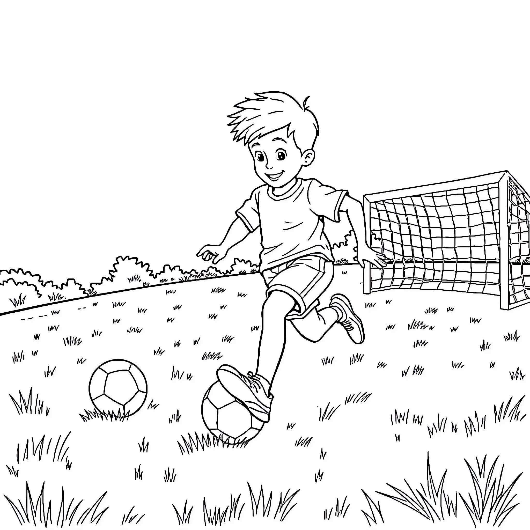 Boy playing joyfully with soccer ball on grassy field Coloring Page (free black-and-white line drawing printable PDF for all, from beginners to advanced learners, including children, teens, adults, and seniors)
