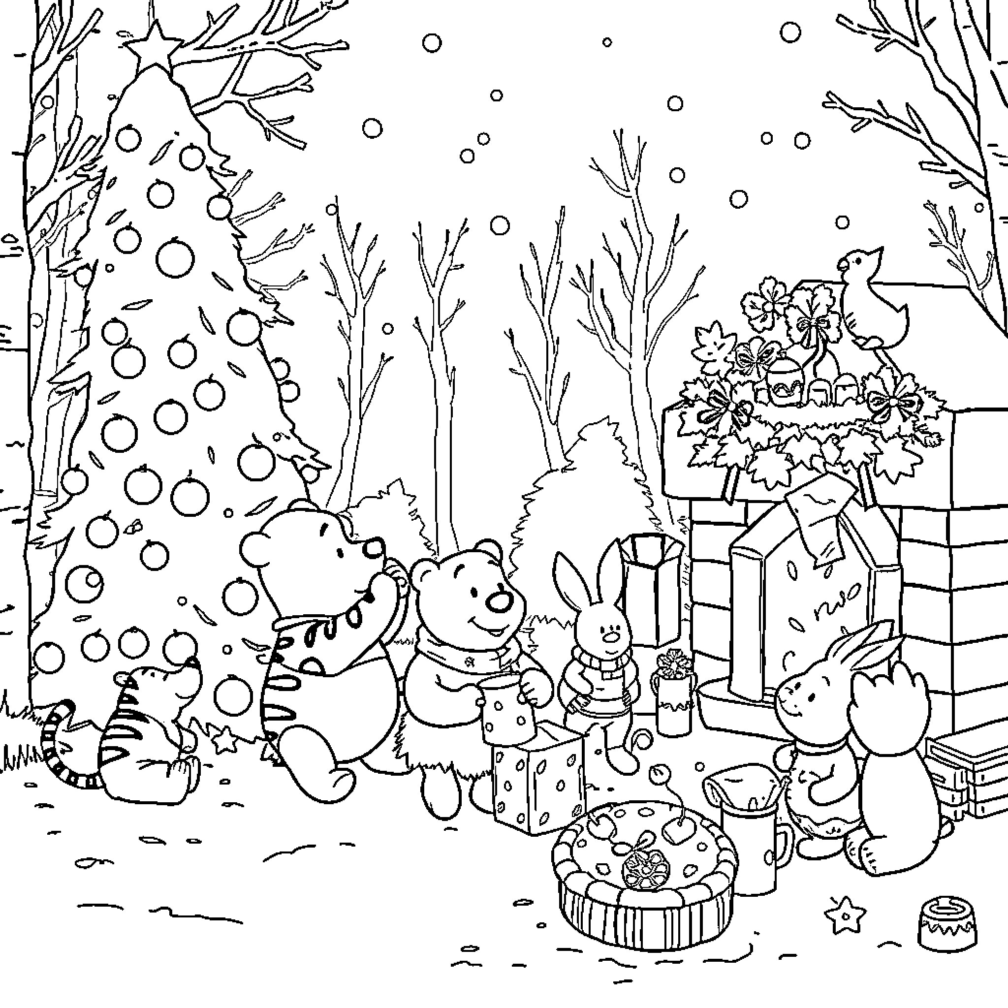 Winnie The Pooh's Festive Winter Celebration Coloring Page (free black-and-white line drawing printable PDF for all, from beginners to advanced learners, including children, teens, adults, and seniors)