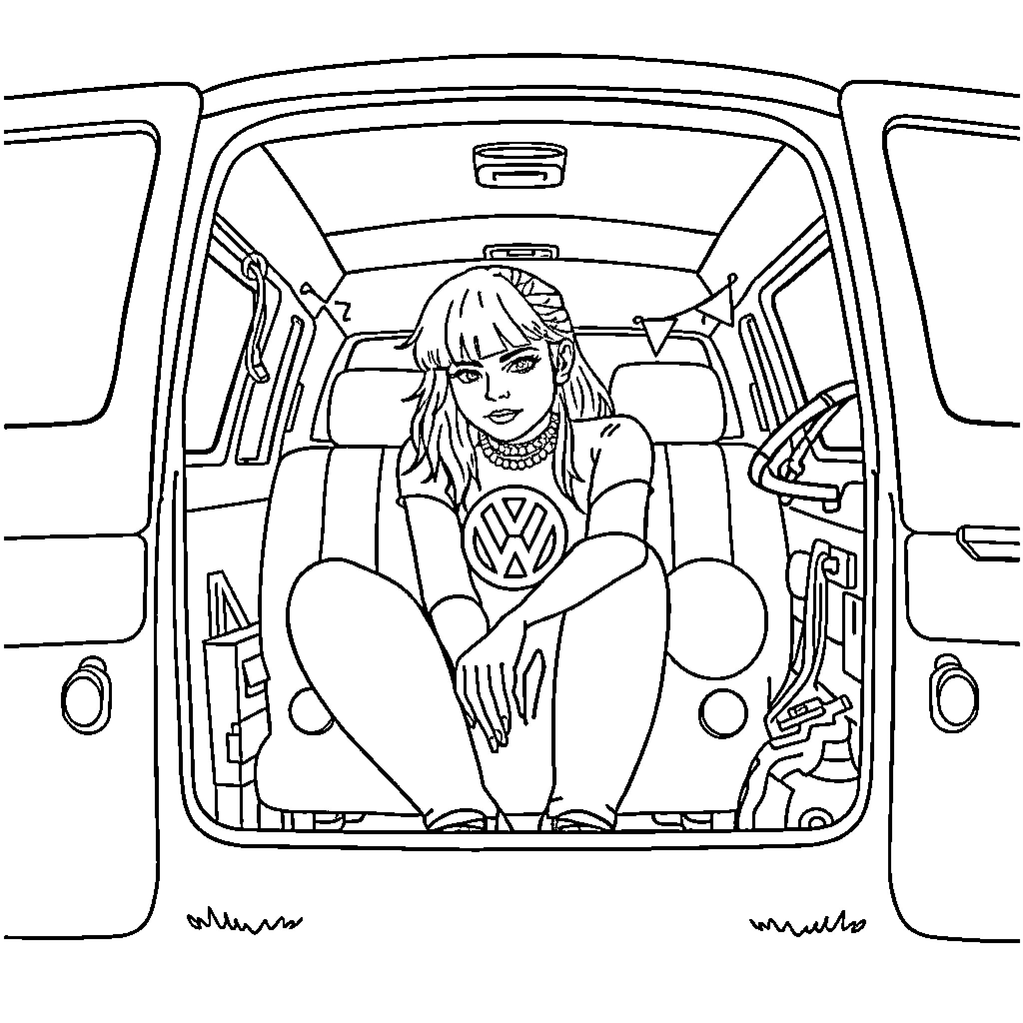 Billie Eilish sitting contemplatively in a vehicle Coloring Page (free black-and-white line drawing printable PDF for all, from beginners to advanced learners, including children, teens, adults, and seniors)