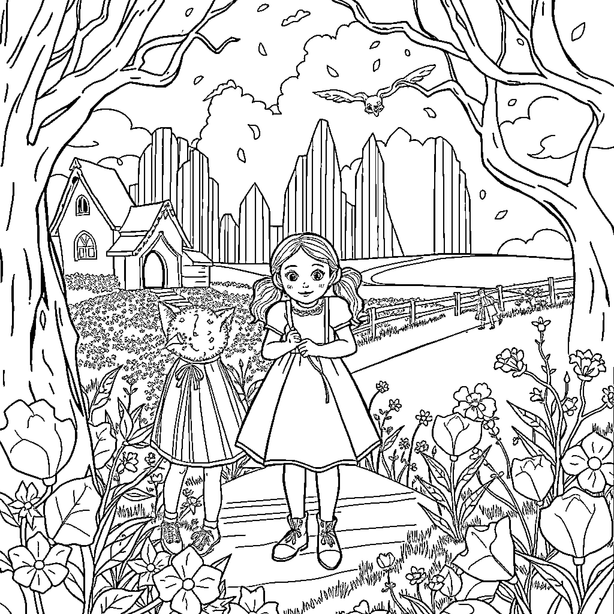 Wizard Girl and Companion in Enchanted Forest Coloring Page (free black-and-white line drawing printable PDF for all, from beginners to advanced learners, including children, teens, adults, and seniors)