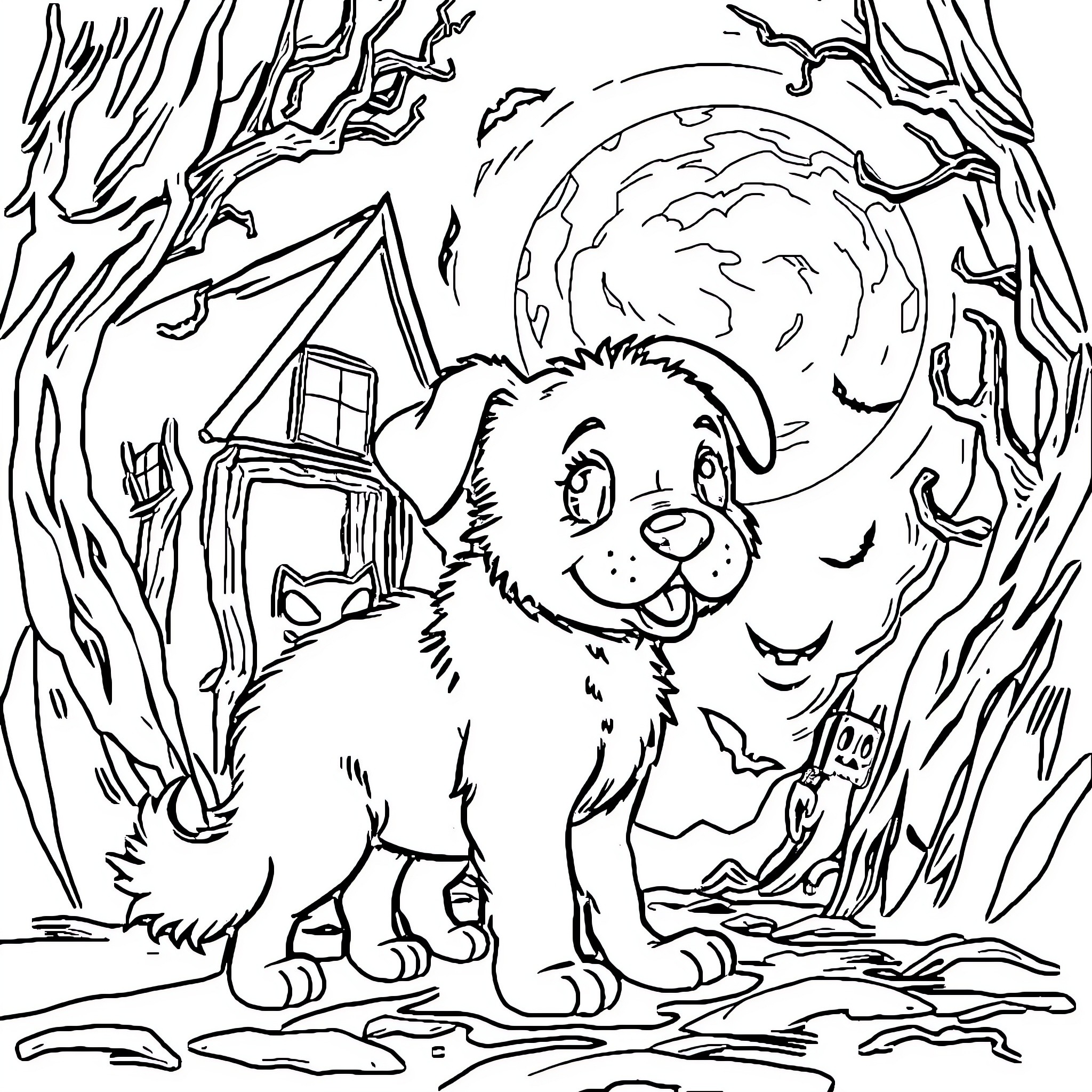 Dog exploring spooky forest at night Coloring Page (free black-and-white line drawing printable PDF for all, from beginners to advanced learners, including children, teens, adults, and seniors)