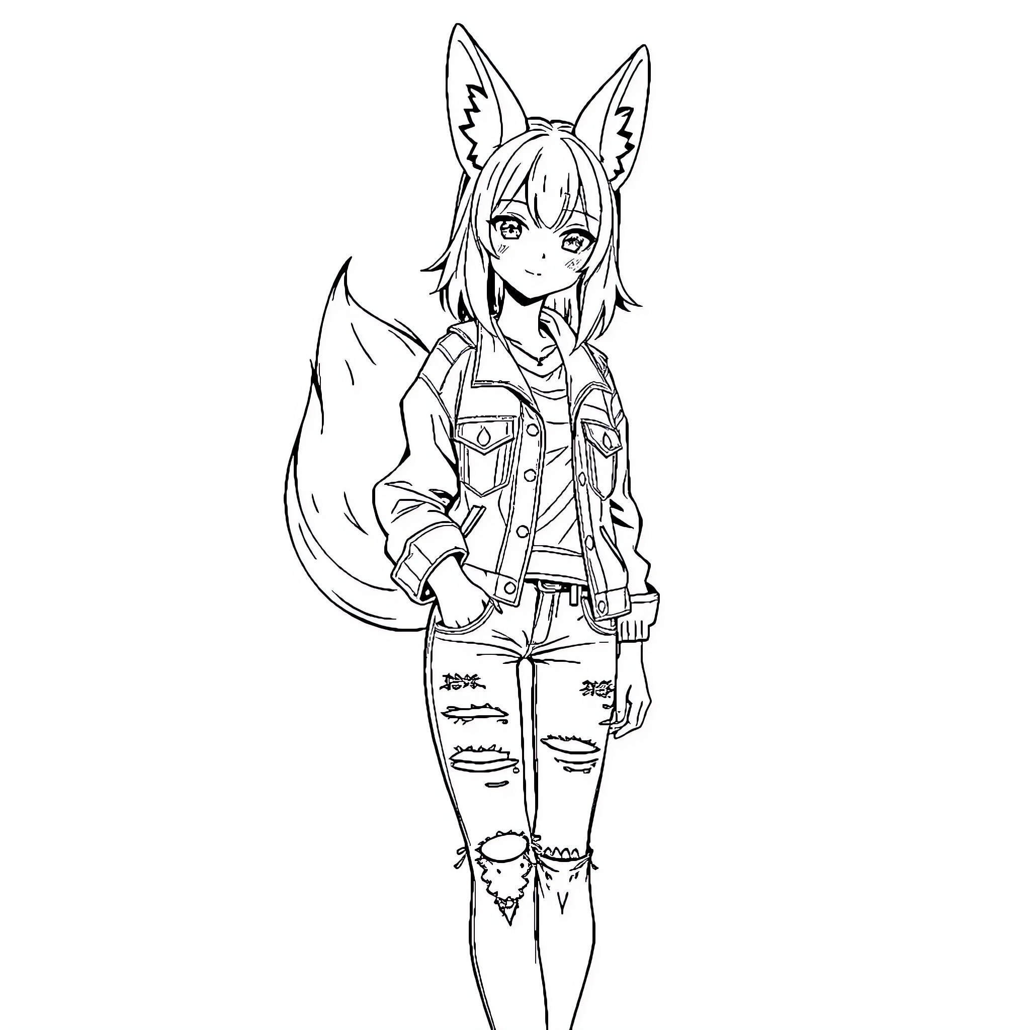 Anime Girl with Pointed Ears and Casual Outfit Coloring Page (free black-and-white line drawing printable PDF for all, from beginners to advanced learners, including children, teens, adults, and seniors)