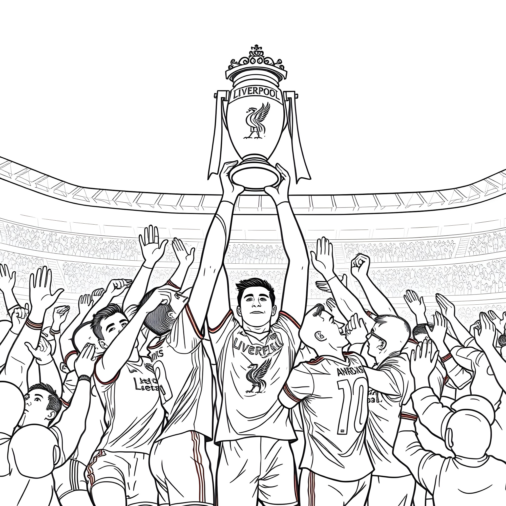 Liverpool fans celebrating trophy victory in stadium Coloring Page (free black-and-white line drawing printable PDF for all, from beginners to advanced learners, including children, teens, adults, and seniors)