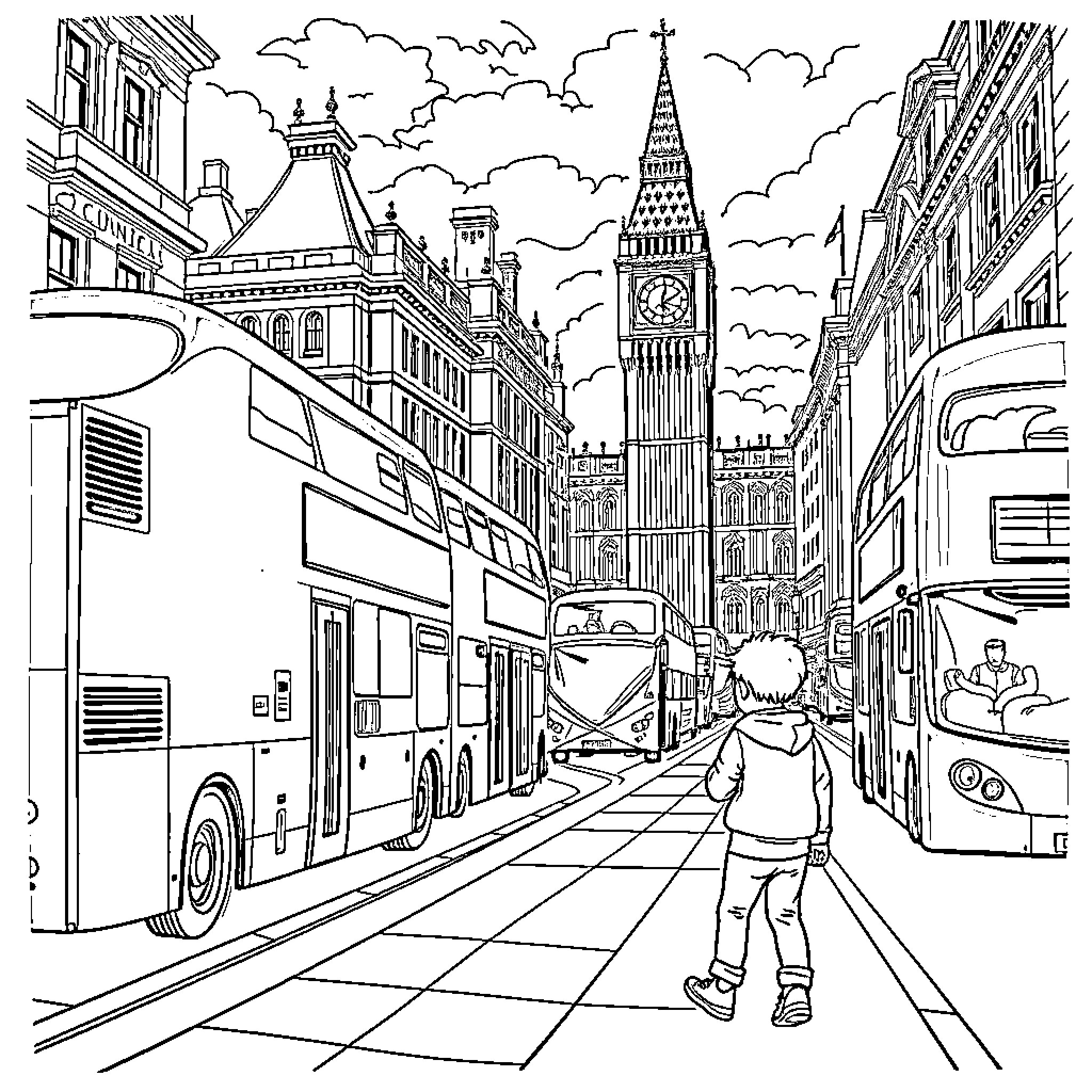 Boy walking on busy city street with Big Ben Coloring Page (free black-and-white line drawing printable PDF for all, from beginners to advanced learners, including children, teens, adults, and seniors)