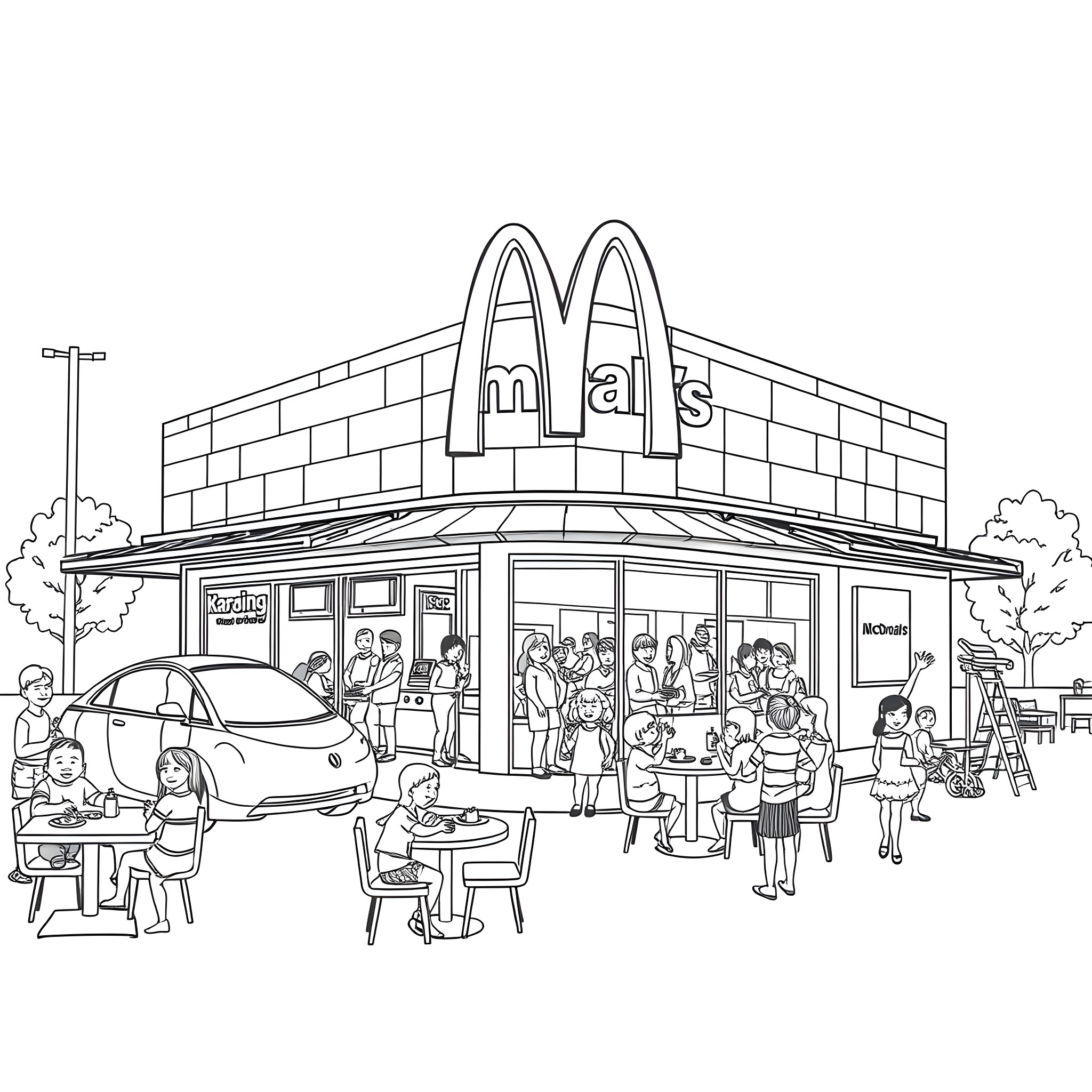 McDonald's restaurant with people dining and activities Coloring Page (free black-and-white line drawing printable PDF for all, from beginners to advanced learners, including children, teens, adults, and seniors)