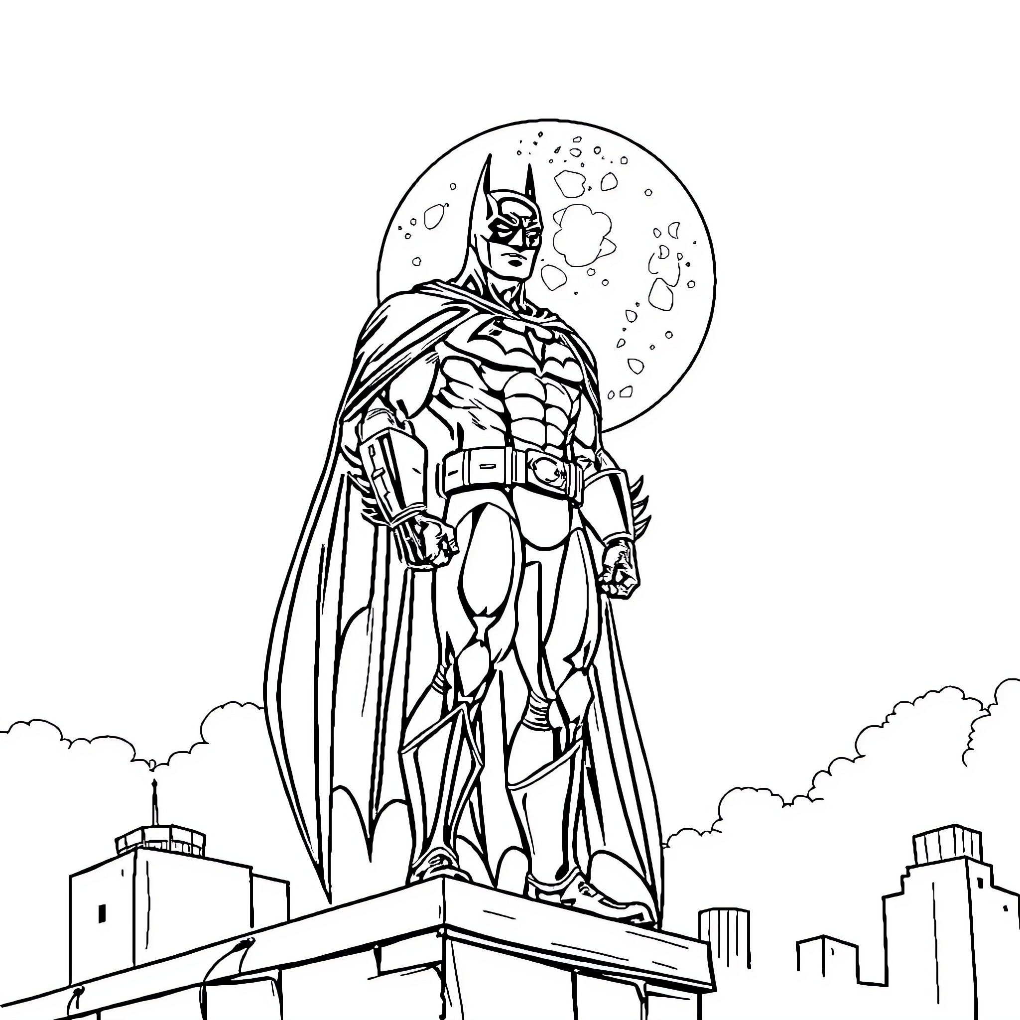 Batman standing tall on a city rooftop Coloring Page (free black-and-white line drawing printable PDF for all, from beginners to advanced learners, including children, teens, adults, and seniors)
