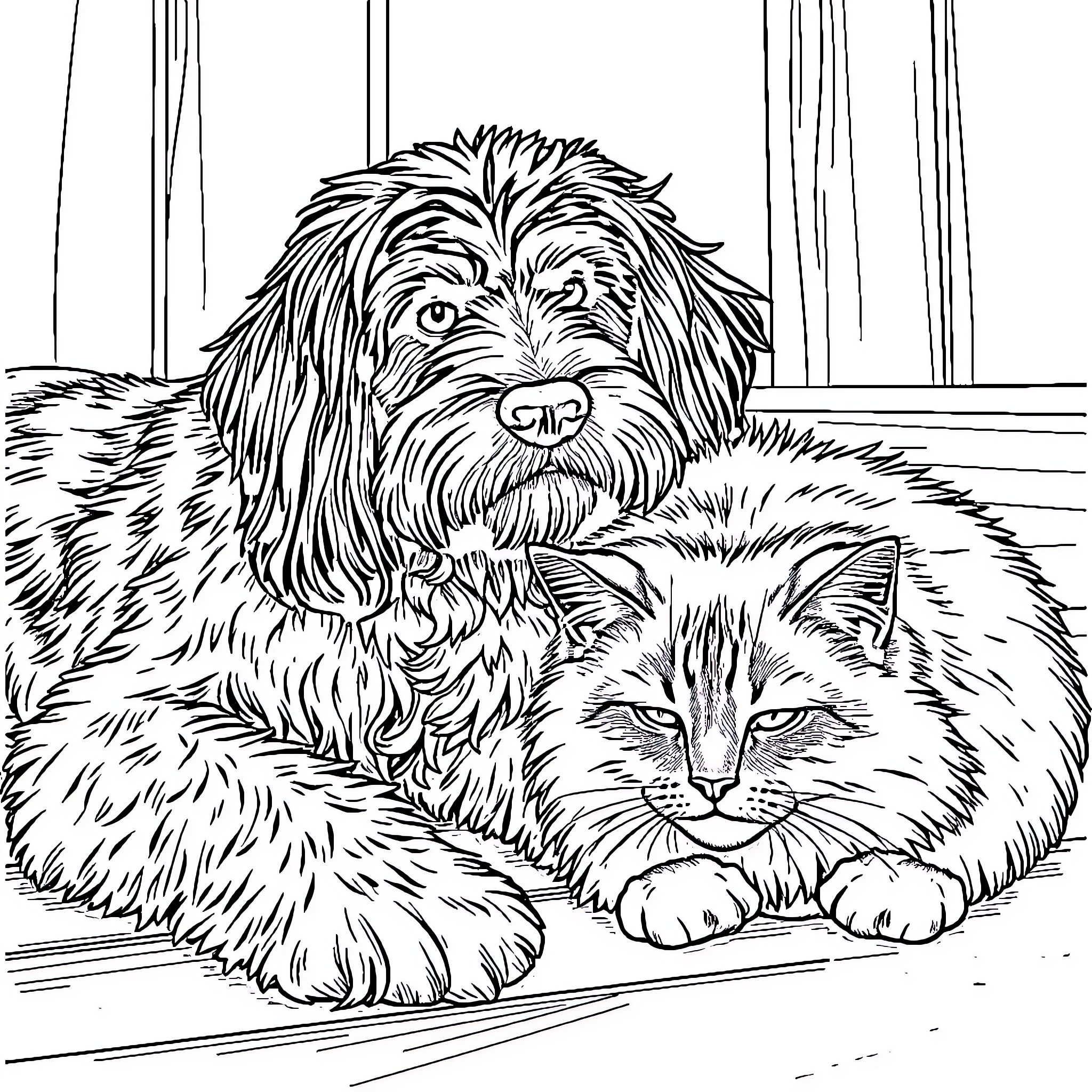 Wirehaired Pointing Griffon and Furry Cat Companions Coloring Page (free black-and-white line drawing printable PDF for all, from beginners to advanced learners, including children, teens, adults, and seniors)