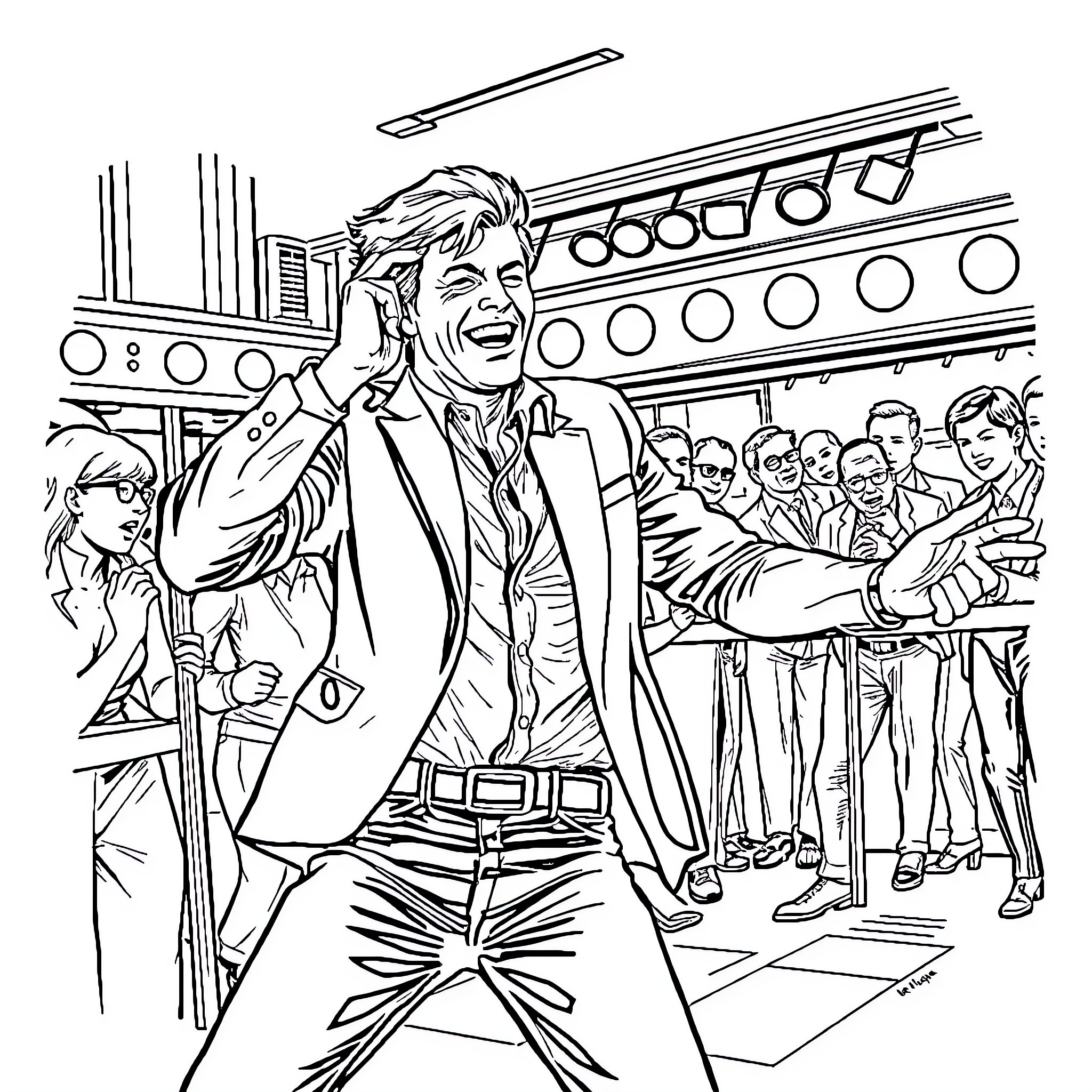 Leon S. Kennedy faces adoring crowd in dramatic scene Coloring Page (free black-and-white line drawing printable PDF for all, from beginners to advanced learners, including children, teens, adults, and seniors)