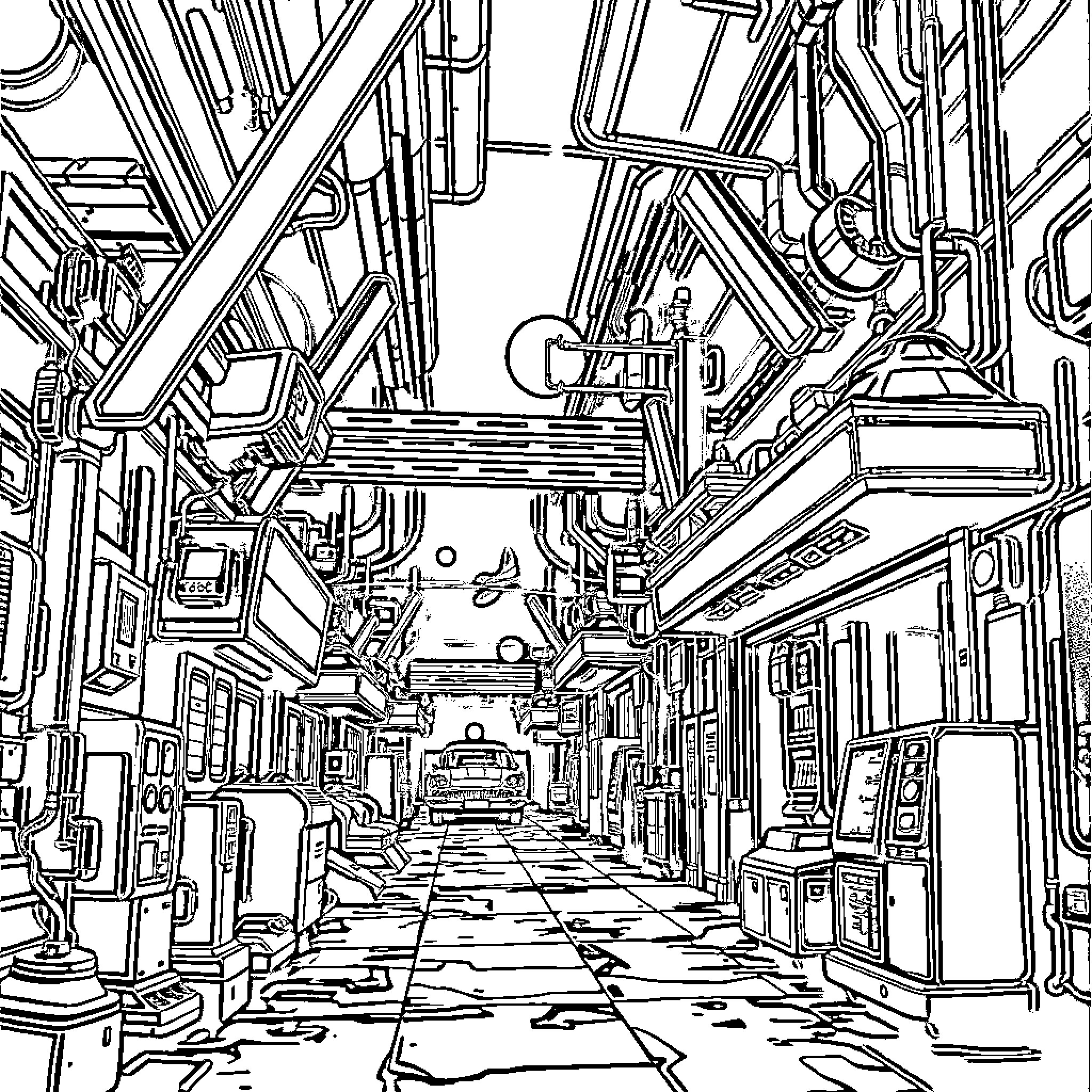 Sci-Fi Futuristic Cityscape with Intricate Architecture Coloring Page (free black-and-white line drawing printable PDF for all, from beginners to advanced learners, including children, teens, adults, and seniors)