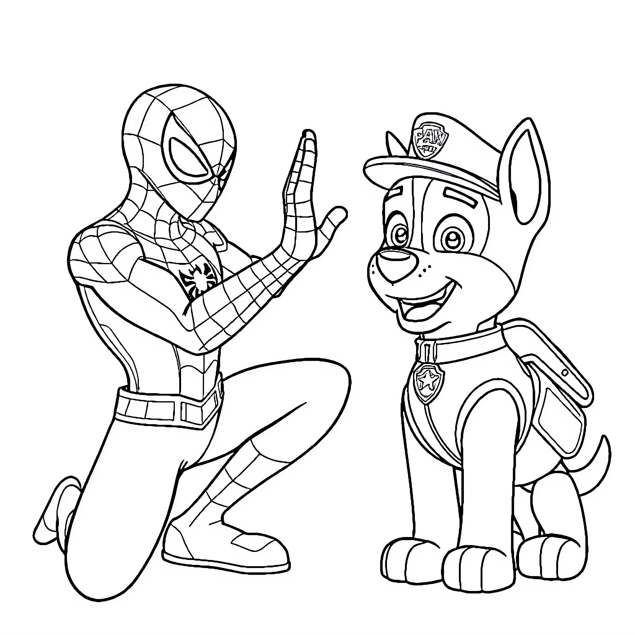 Spider-Man meets the paw patrol puppy Coloring Page (free black-and-white line drawing printable PDF for all, from beginners to advanced learners, including children, teens, adults, and seniors)
