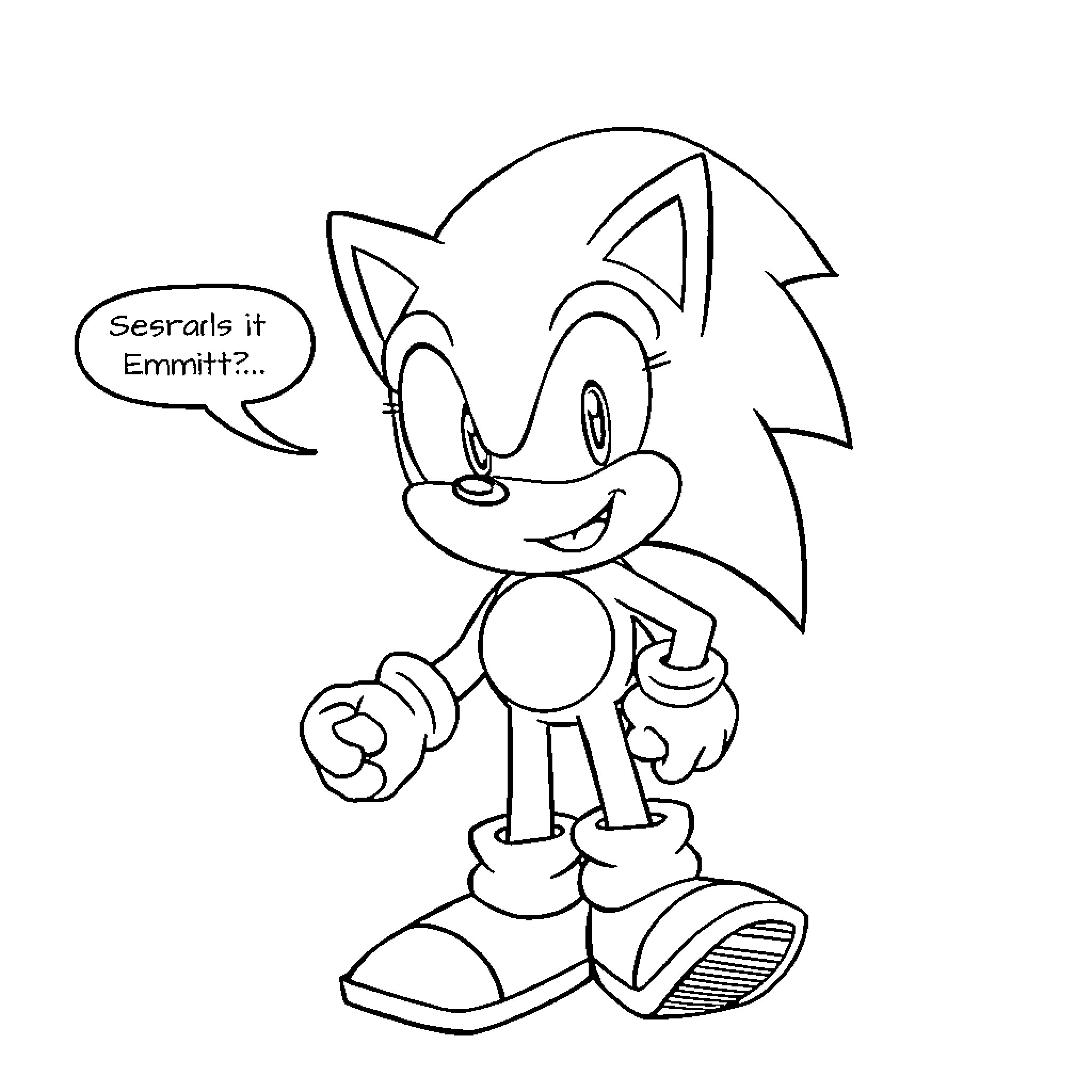 Sonic Character in Playful Pose with Speech Bubble Coloring Page (free black-and-white line drawing printable PDF for all, from beginners to advanced learners, including children, teens, adults, and seniors)