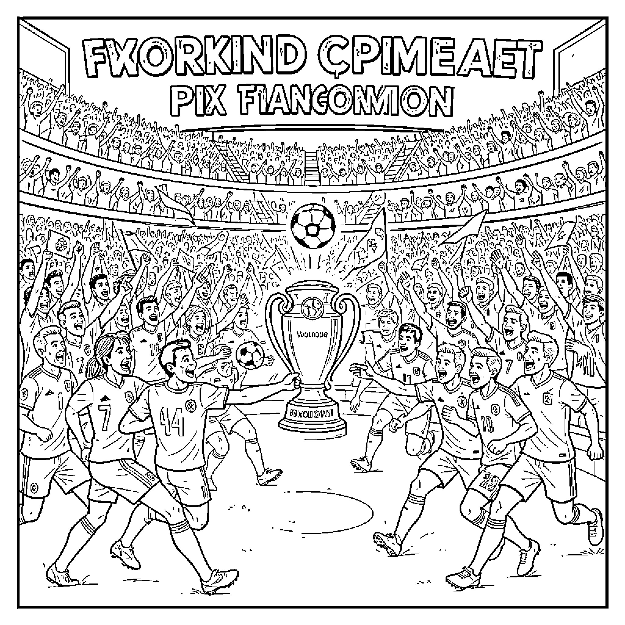 World Cup players celebrating victory with a trophy Coloring Page (free black-and-white line drawing printable PDF for all, from beginners to advanced learners, including children, teens, adults, and seniors)