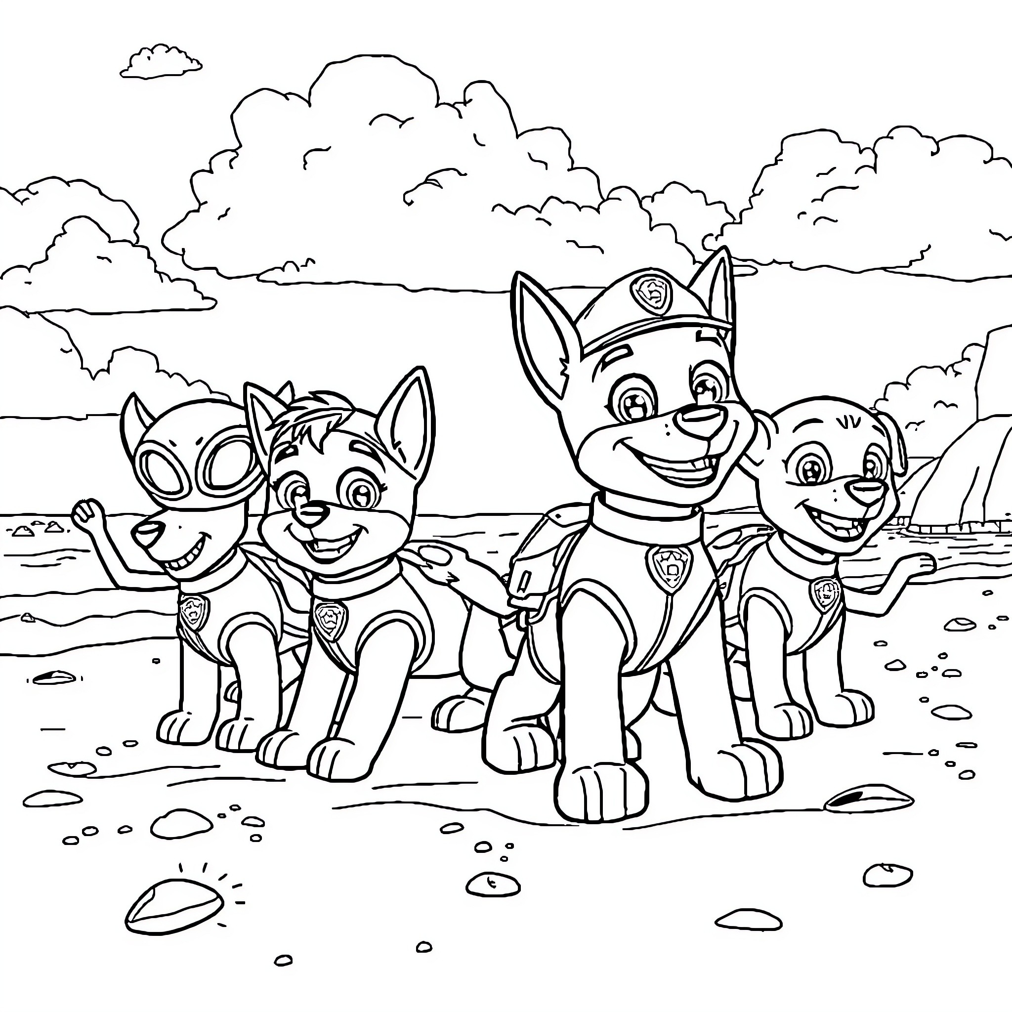 Paw Patrol pups exploring the outdoors together Coloring Page (free black-and-white line drawing printable PDF for all, from beginners to advanced learners, including children, teens, adults, and seniors)