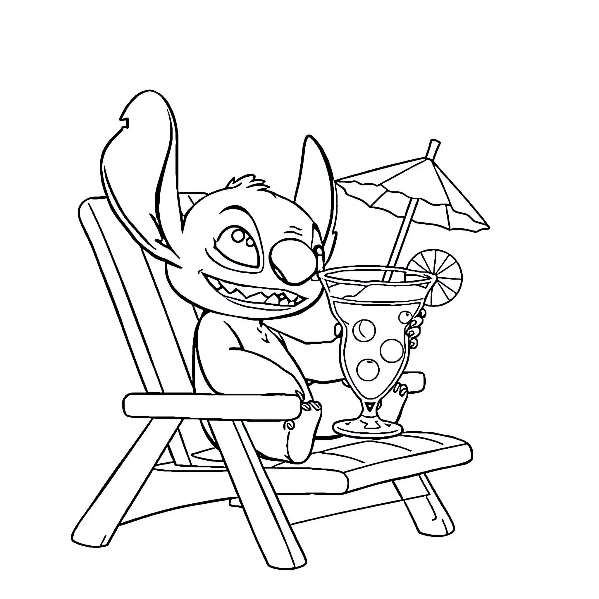 Stitch enjoying a tropical beverage on the beach Coloring Page (free black-and-white line drawing printable PDF for all, from beginners to advanced learners, including children, teens, adults, and seniors)