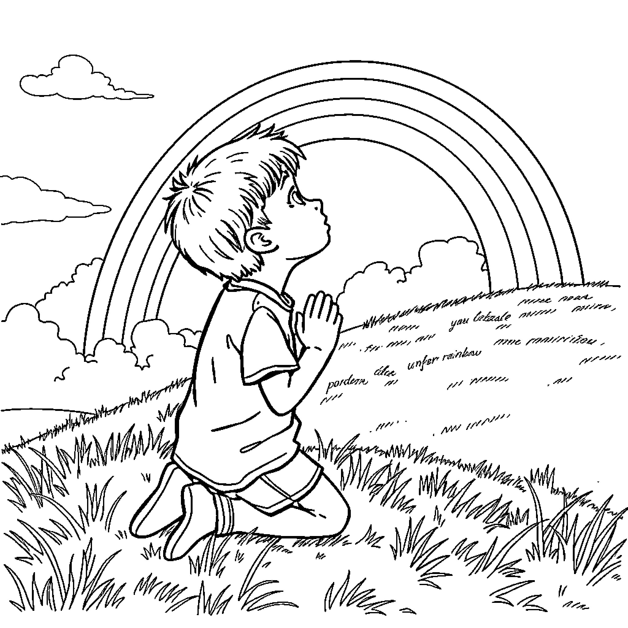 Boy admiring the rainbow in nature Coloring Page (free black-and-white line drawing printable PDF for all, from beginners to advanced learners, including children, teens, adults, and seniors)