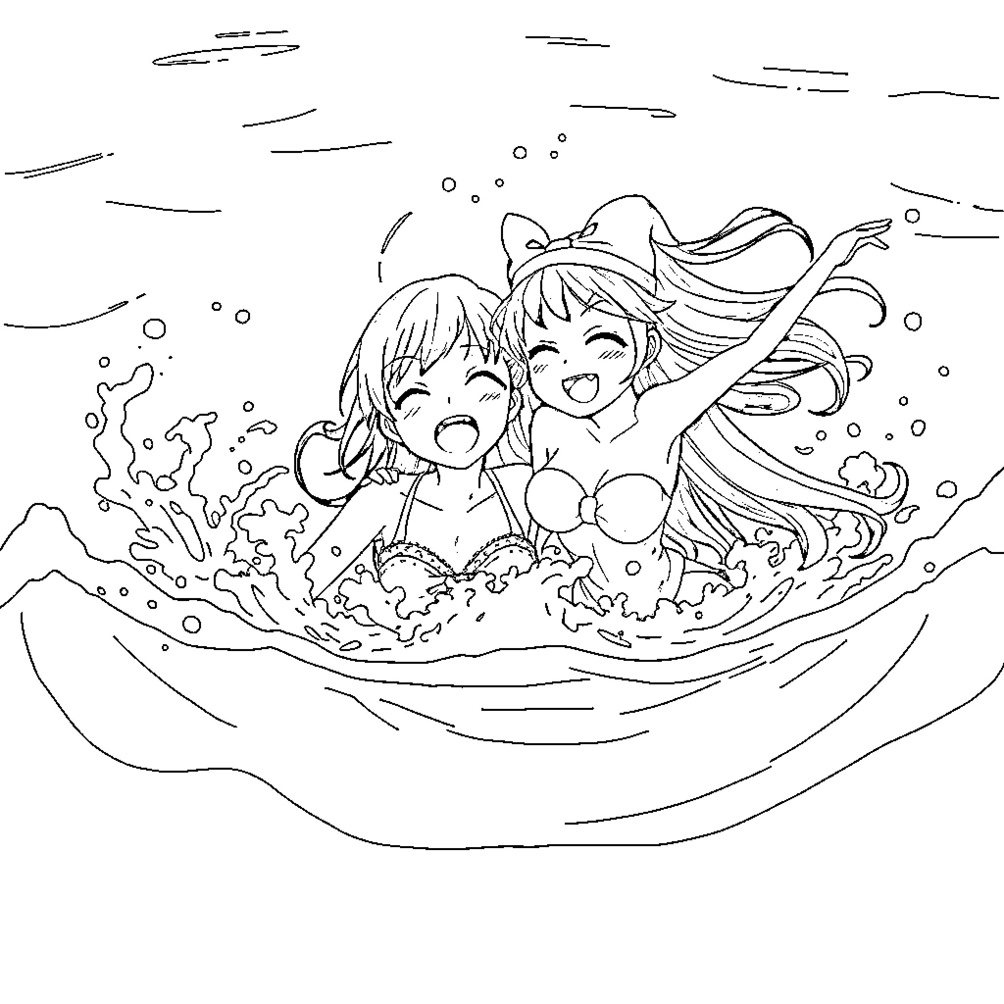 Nami having fun in the bath Coloring Page (free black-and-white line drawing printable PDF for all, from beginners to advanced learners, including children, teens, adults, and seniors)