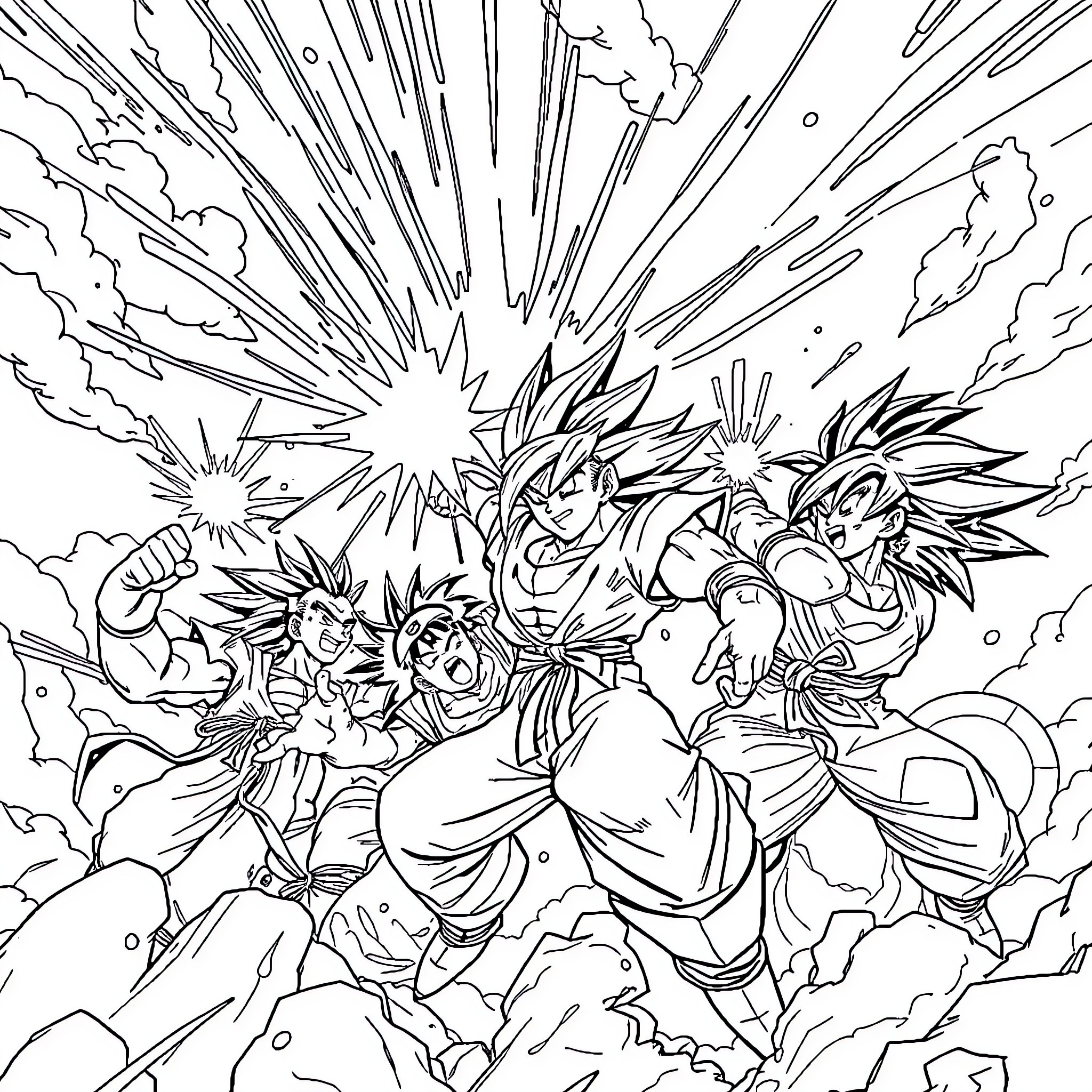 Dragon Ball Z: Intense Battle Clash Coloring Page (free black-and-white line drawing printable PDF for all, from beginners to advanced learners, including children, teens, adults, and seniors)